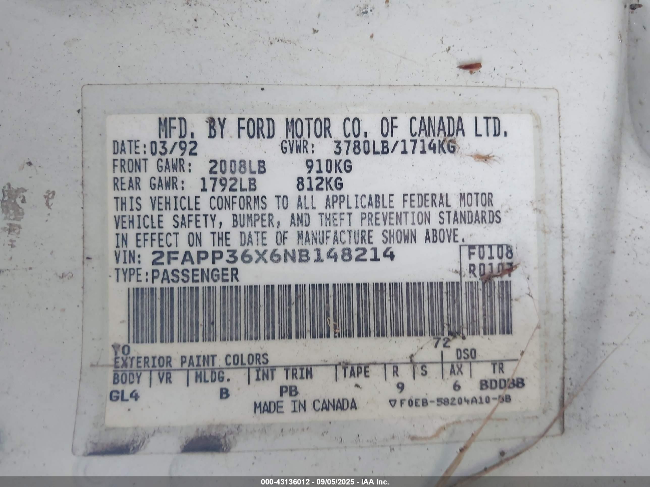 1992 Ford Tempo Gl White vin: 2FAPP36X6NB148214