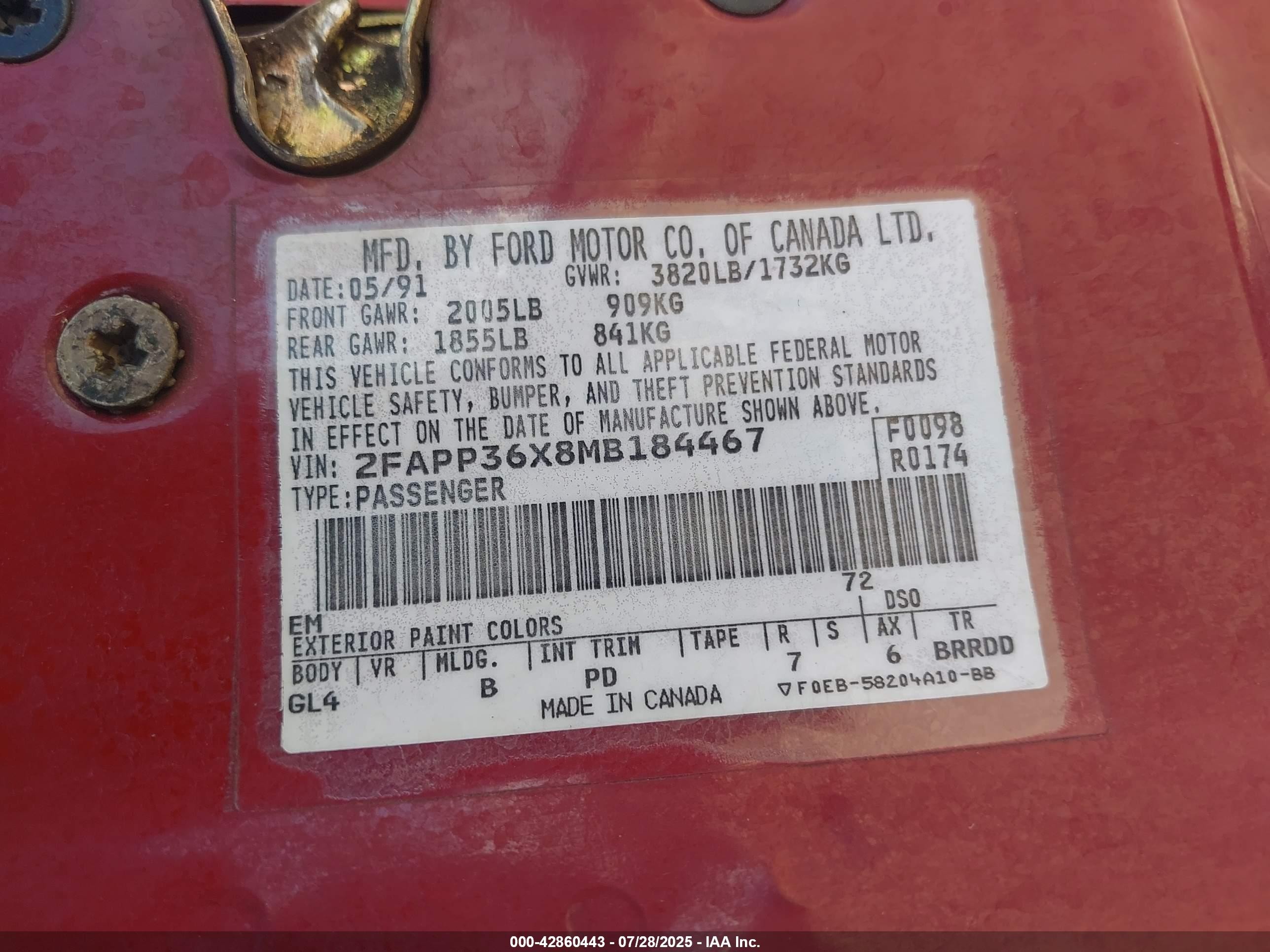 1991 Ford Tempo Gl Red vin: 2FAPP36X8MB184467