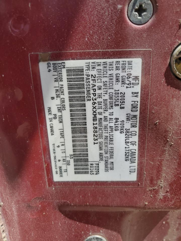 1991 Ford Tempo Gl   Red vin: 2FAPP36XXMB188231