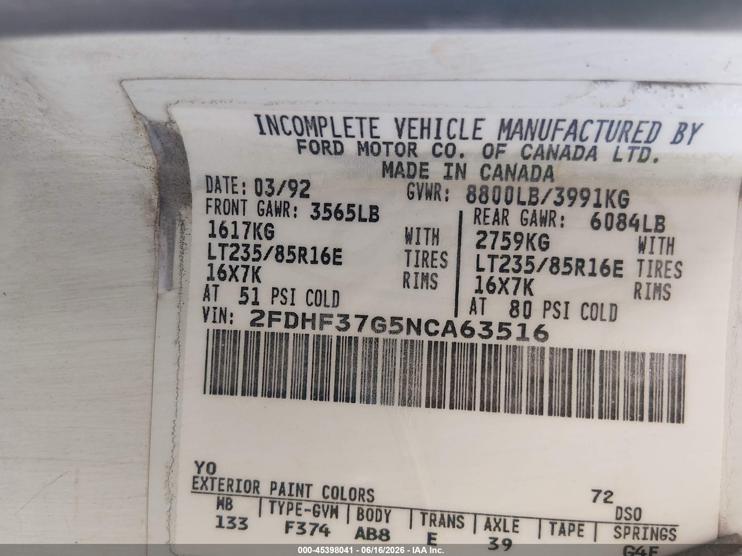 1992 Ford F350   White vin: 2FDHF37G5NCA63516