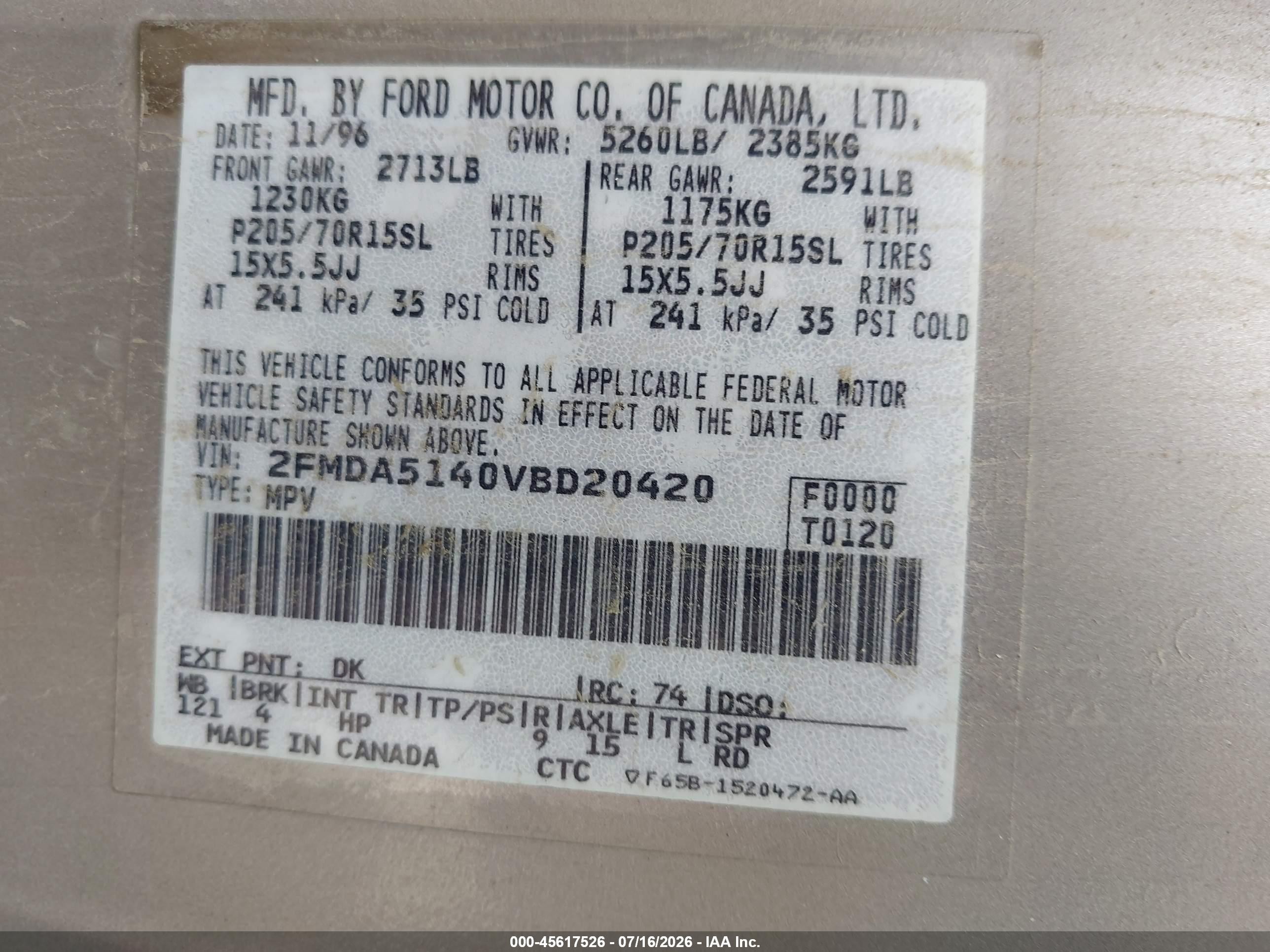 1997 Ford Windstar Gl/lx Gold vin: 2FMDA5140VBD20420