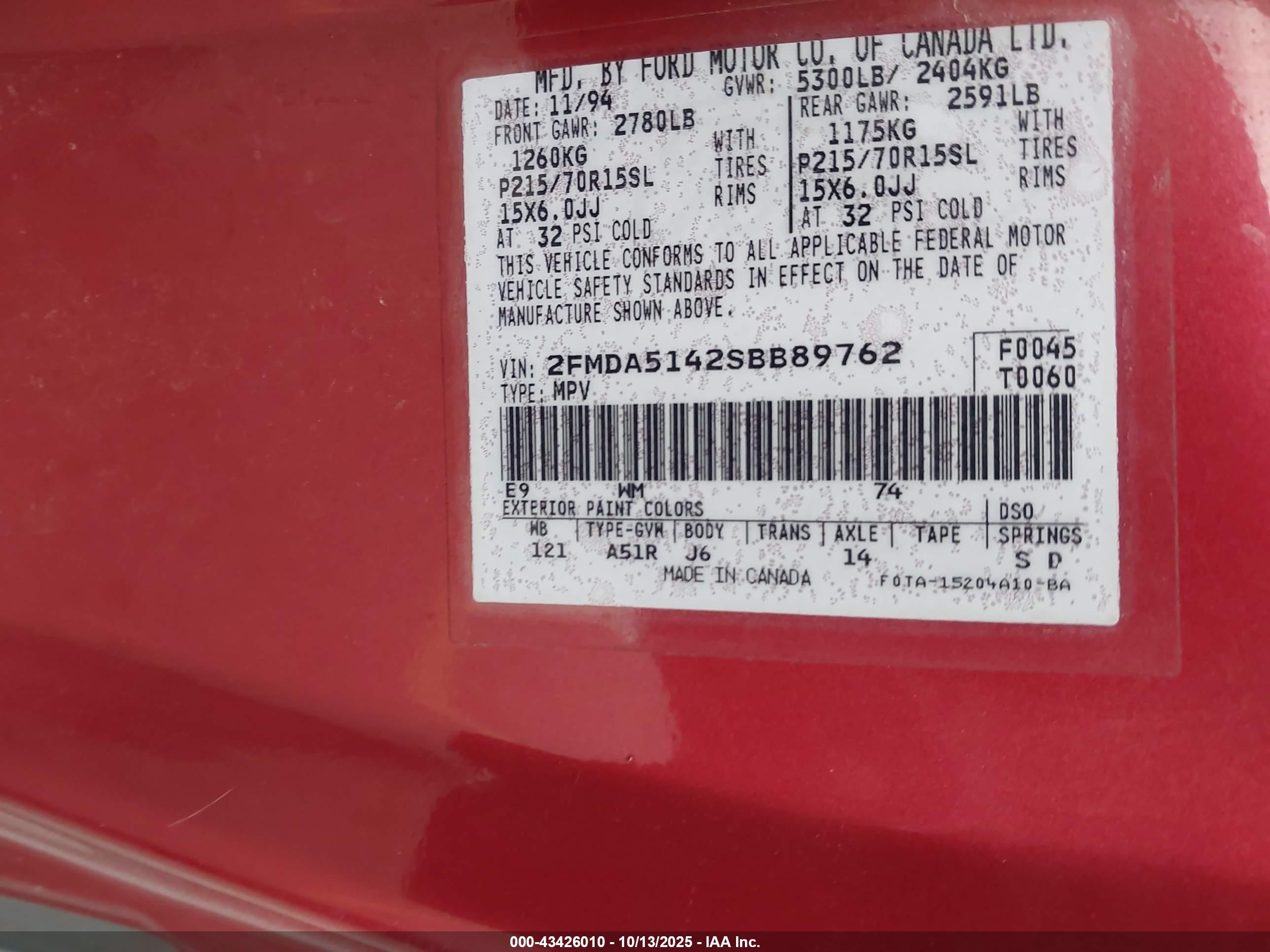 1995 Ford Windstar Wagon Red vin: 2FMDA5142SBB89762