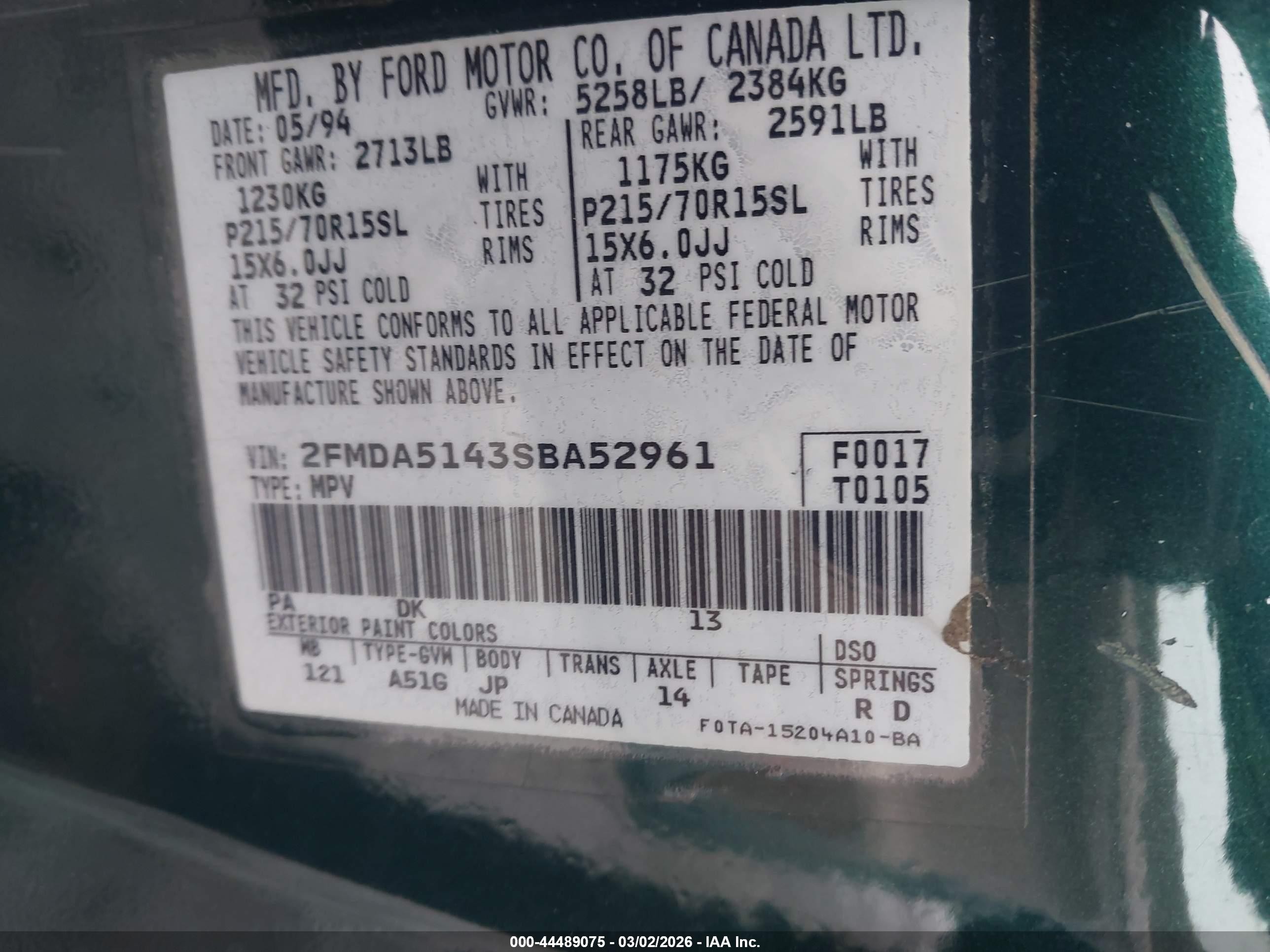 1995 Ford Windstar Wagon Green vin: 2FMDA5143SBA52961