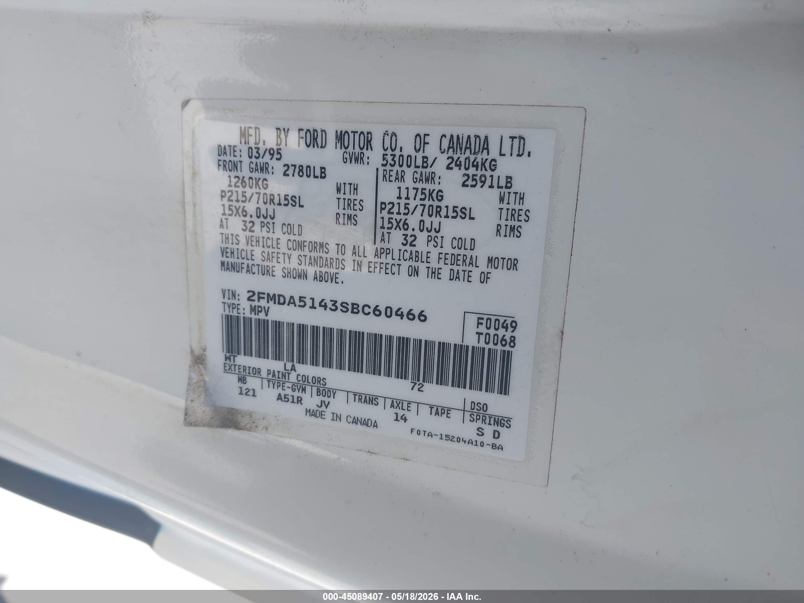 1995 Ford Windstar Wagon White vin: 2FMDA5143SBC60466
