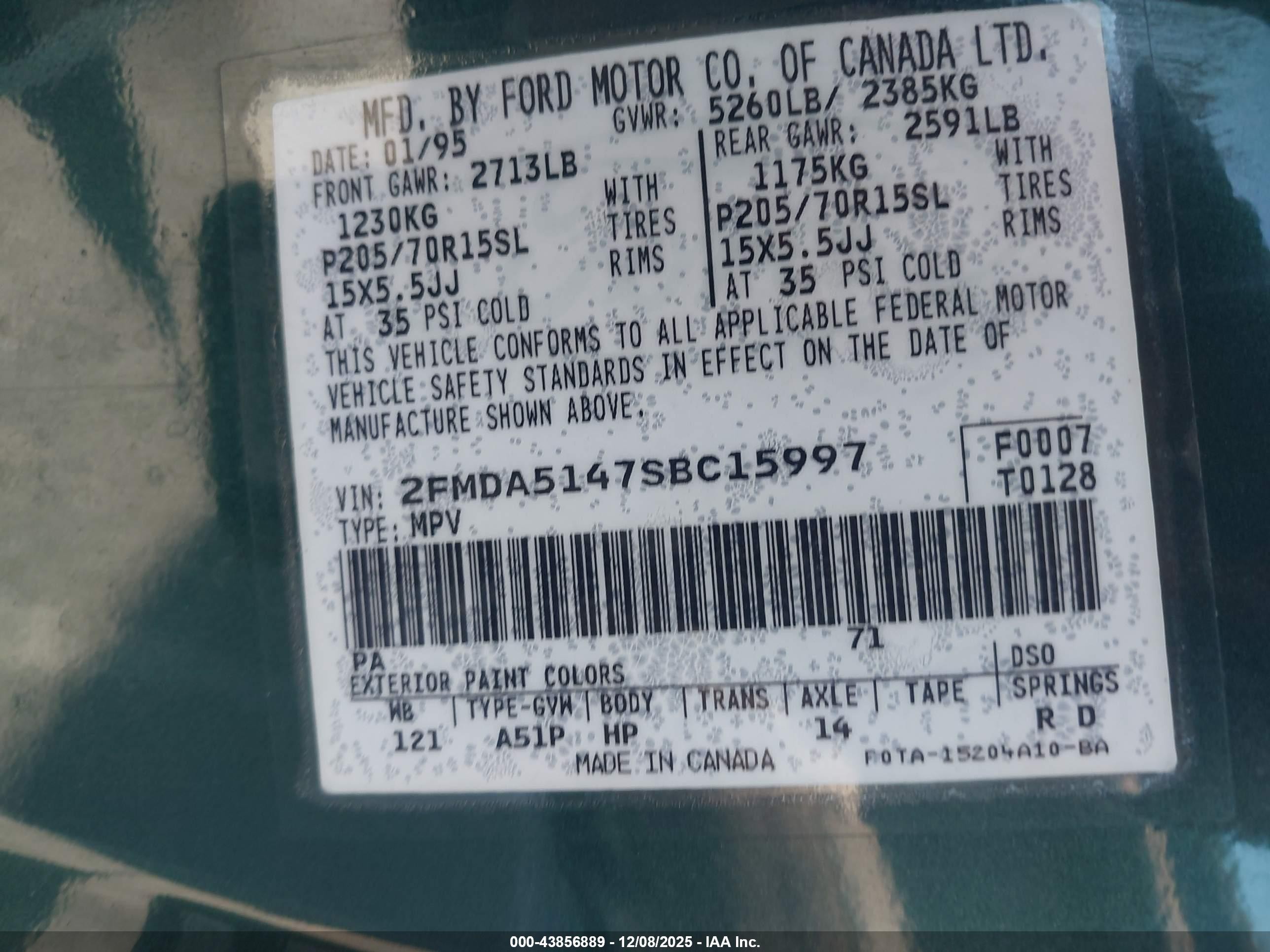 1995 Ford Windstar Wagon Green vin: 2FMDA5147SBC15997