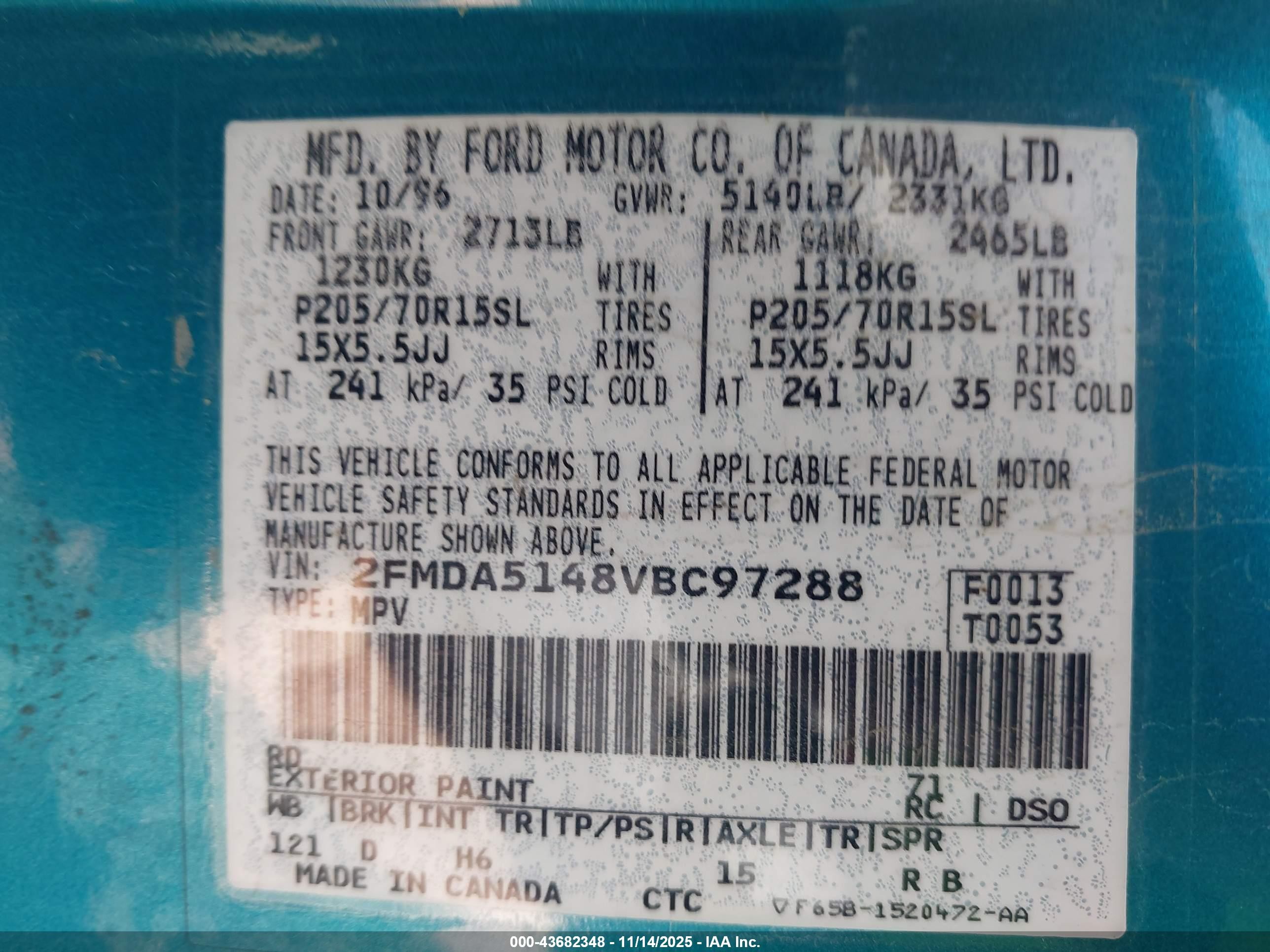 1997 Ford Windstar Gl/lx Green vin: 2FMDA5148VBC97288