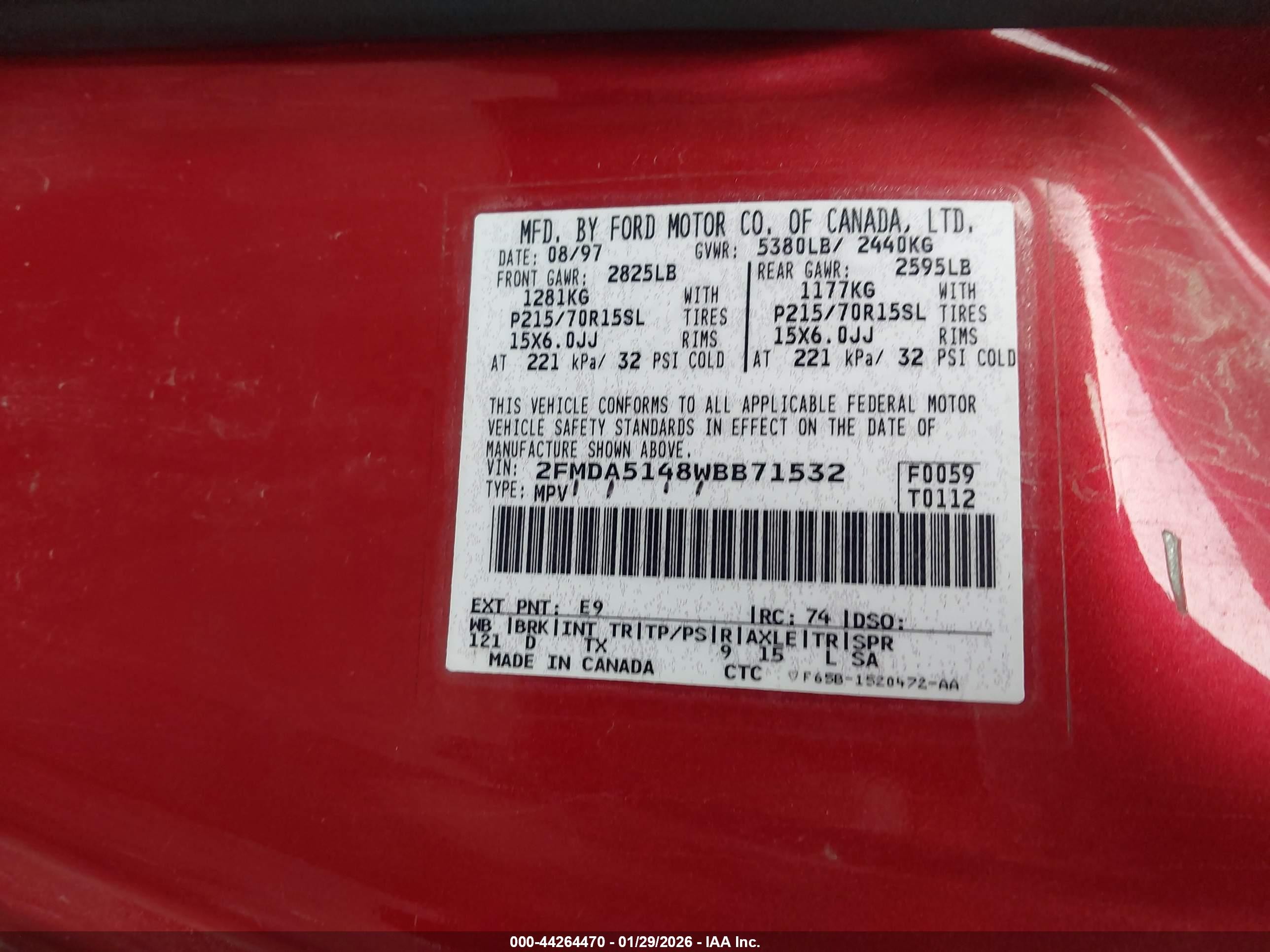 1998 Ford Windstar Gl/limited/lx Red vin: 2FMDA5148WBB71532