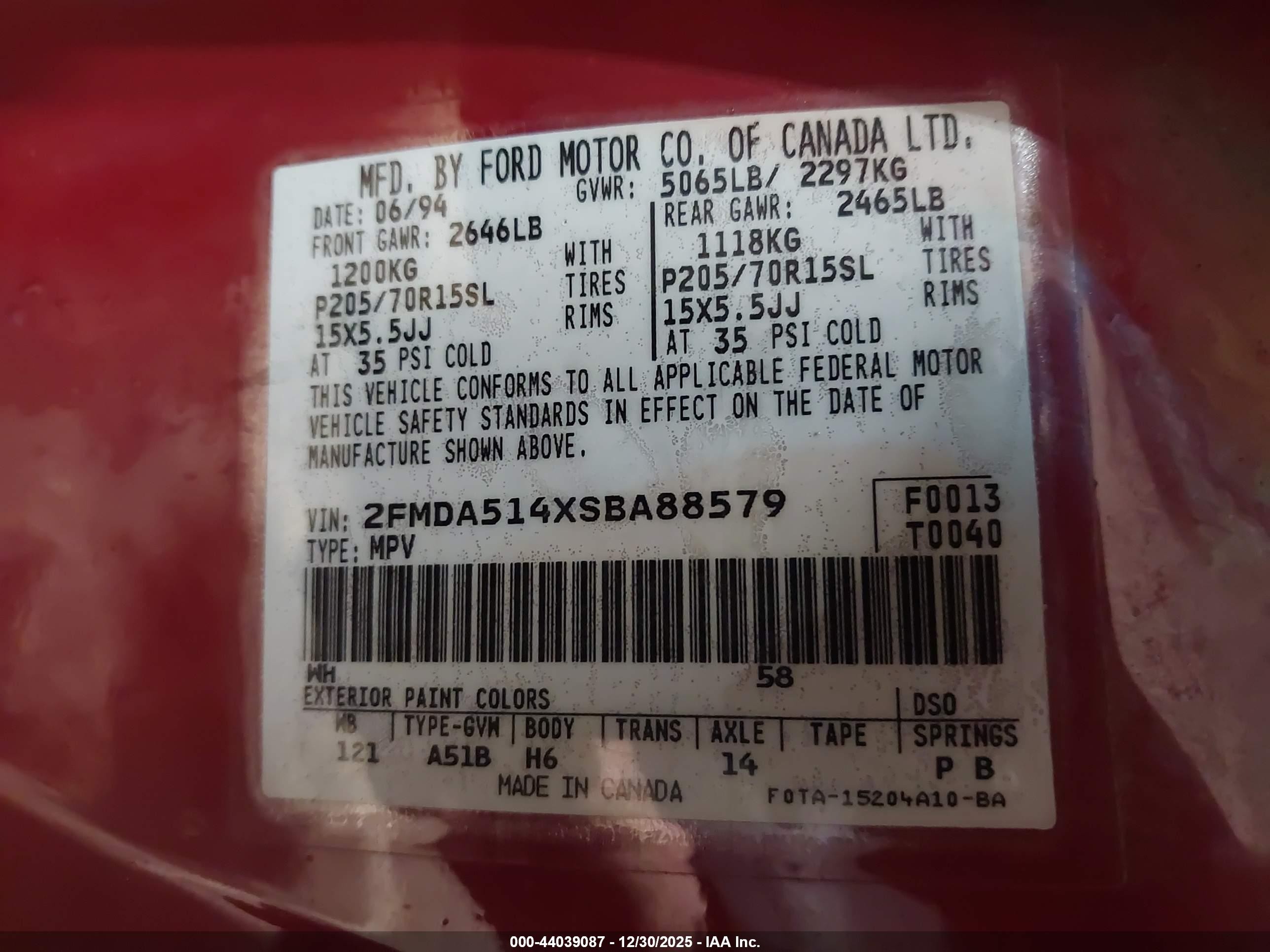 1995 Ford Windstar Wagon Red vin: 2FMDA514XSBA88579