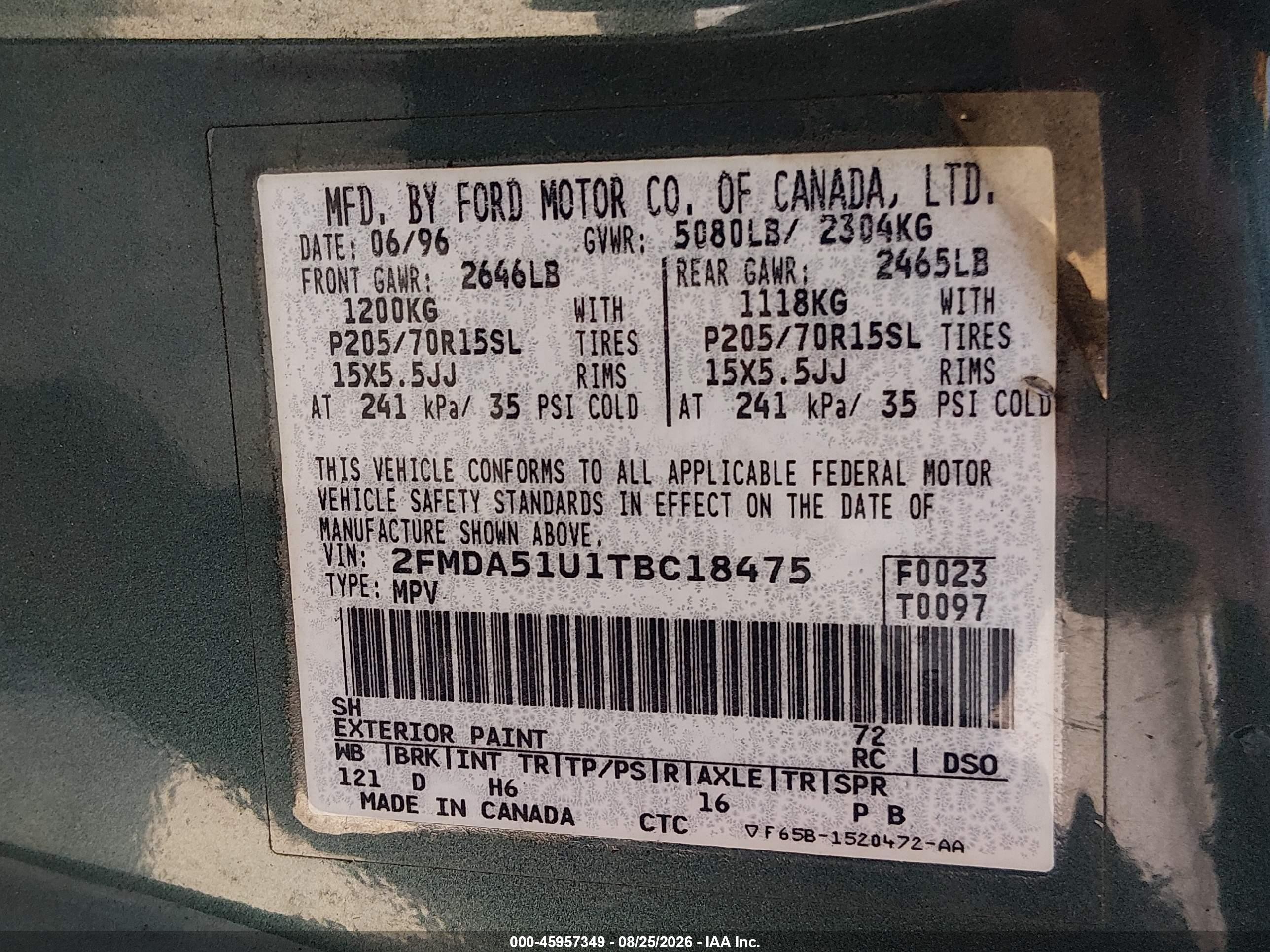 1996 Ford Windstar Wagon Green vin: 2FMDA51U1TBC18475