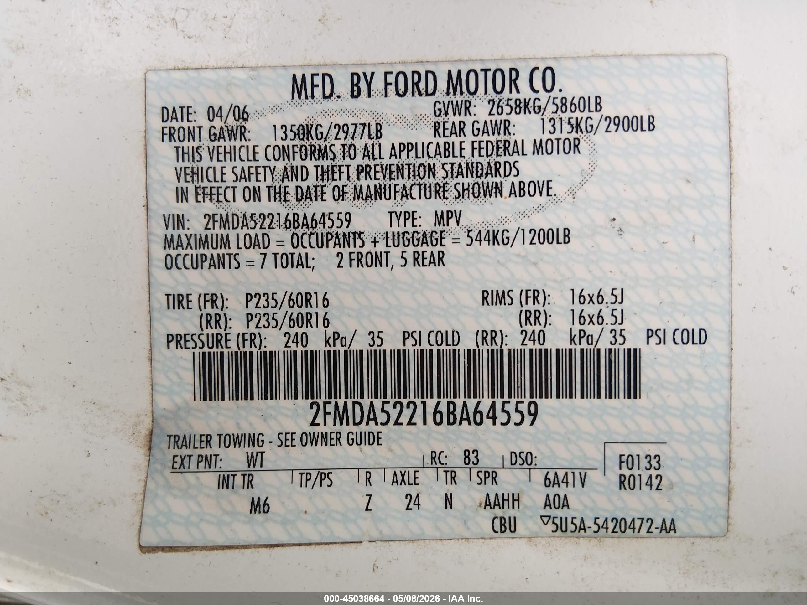 2006 Ford Freestar Sel White vin: 2FMDA52216BA64559