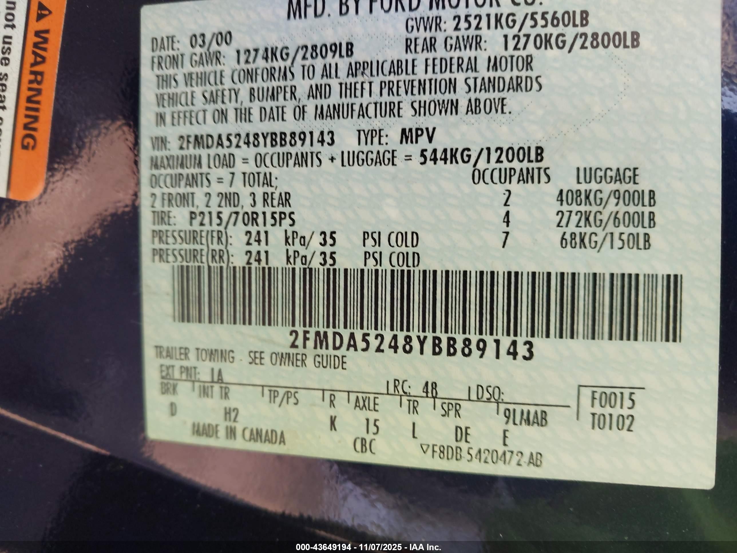 2000 Ford Windstar Se Blue vin: 2FMDA5248YBB89143