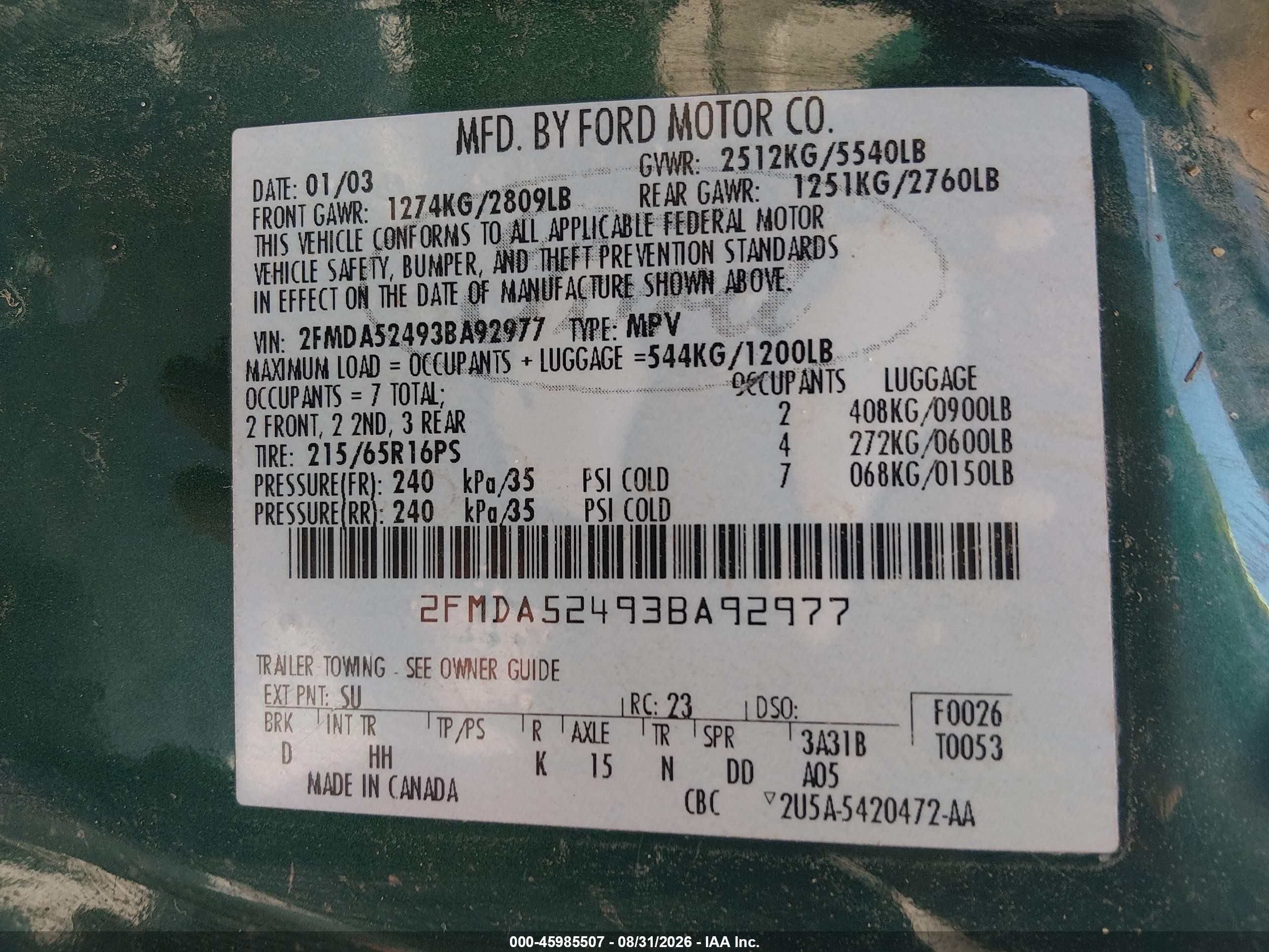 2003 Ford Windstar Se Зеленый vin: 2FMDA52493BA92977