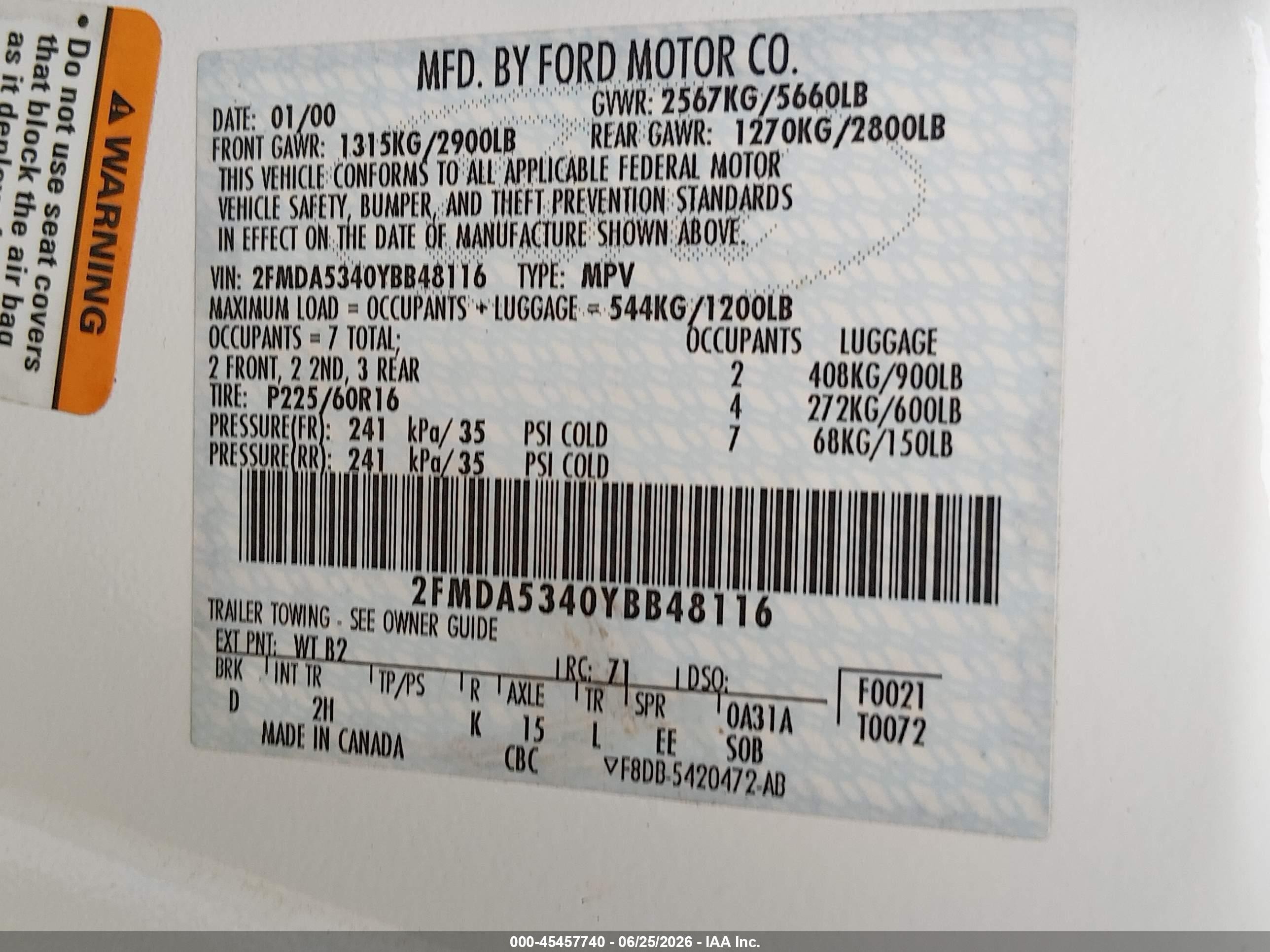 2000 Ford Windstar Limited/sel White vin: 2FMDA5340YBB48116