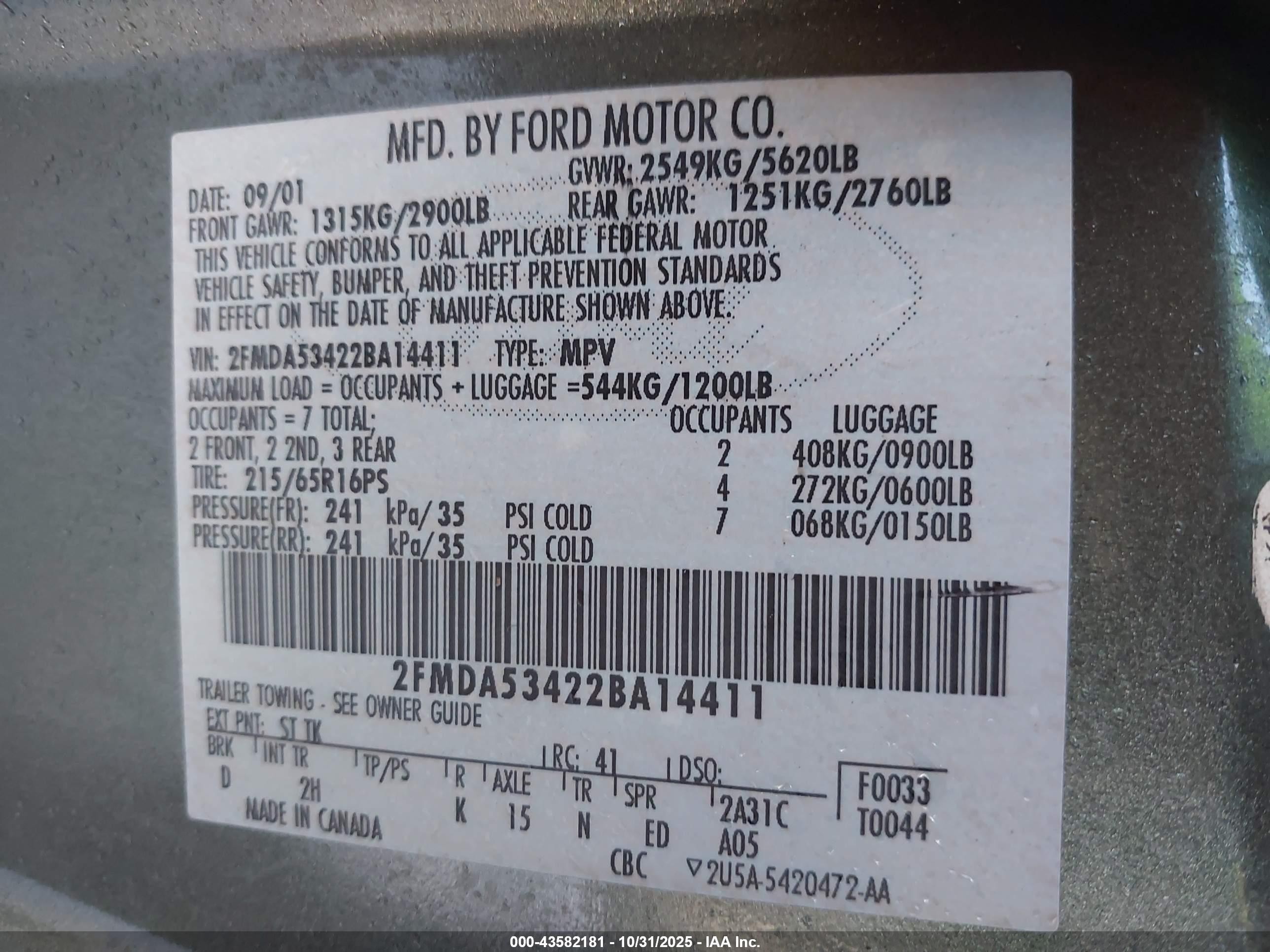 2002 Ford Windstar Sel Green vin: 2FMDA53422BA14411
