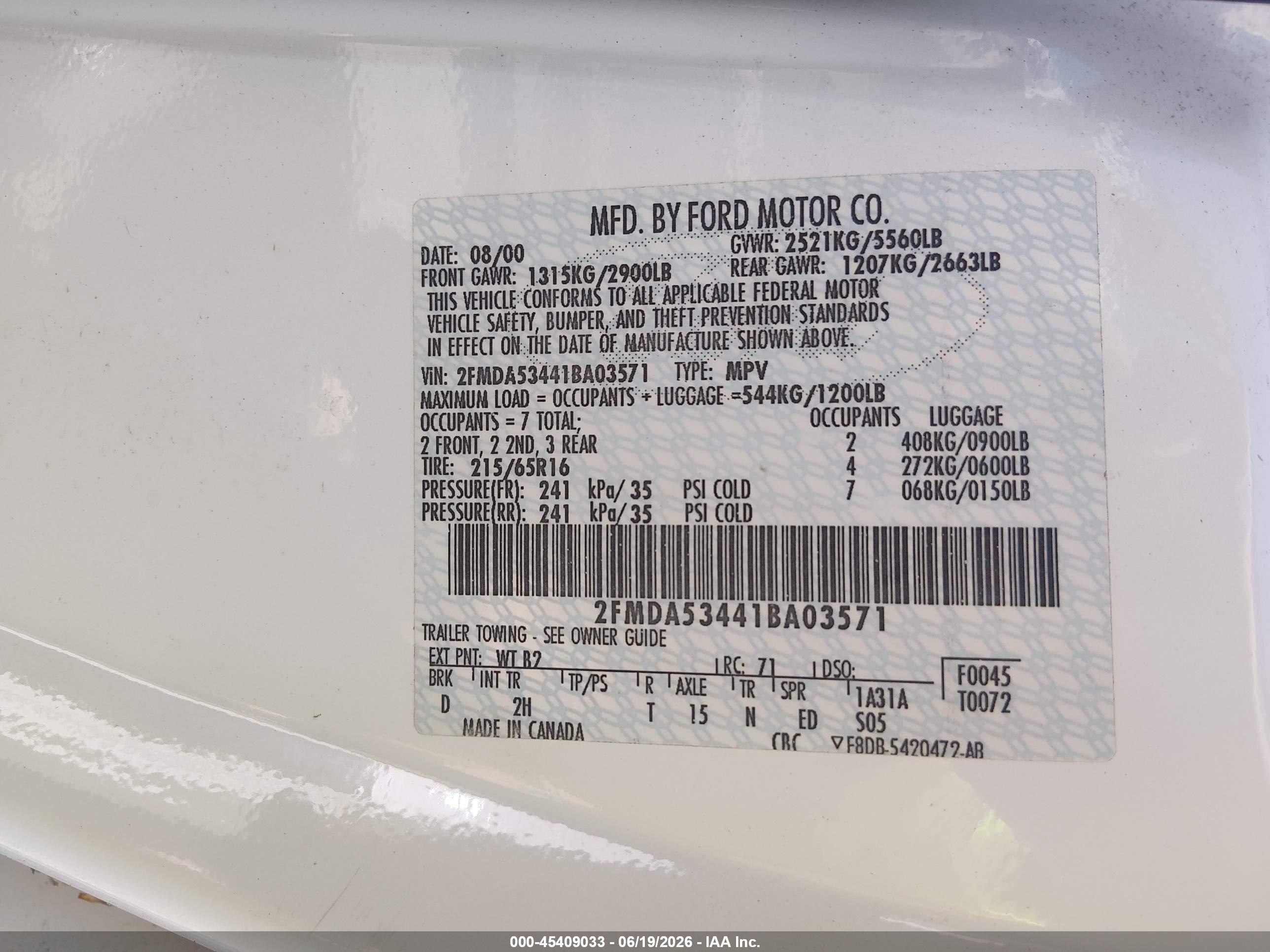 2001 Ford Windstar Sel White vin: 2FMDA53441BA03571