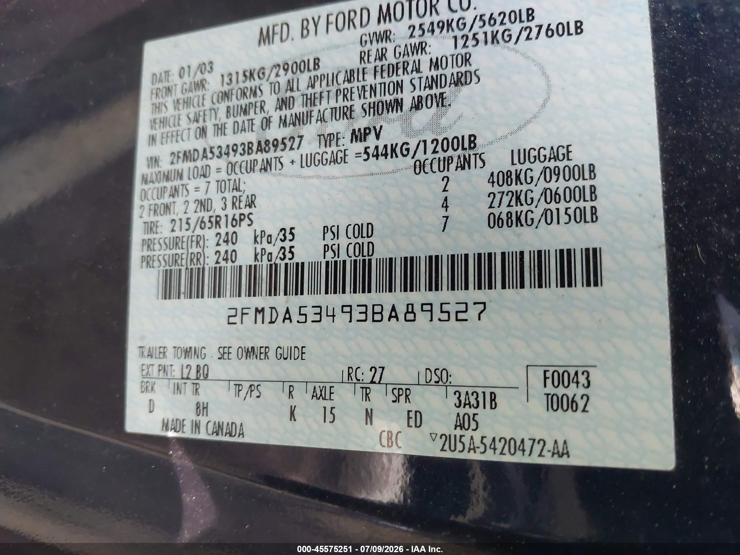 2003 Ford Windstar Sel Blue vin: 2FMDA53493BA89527