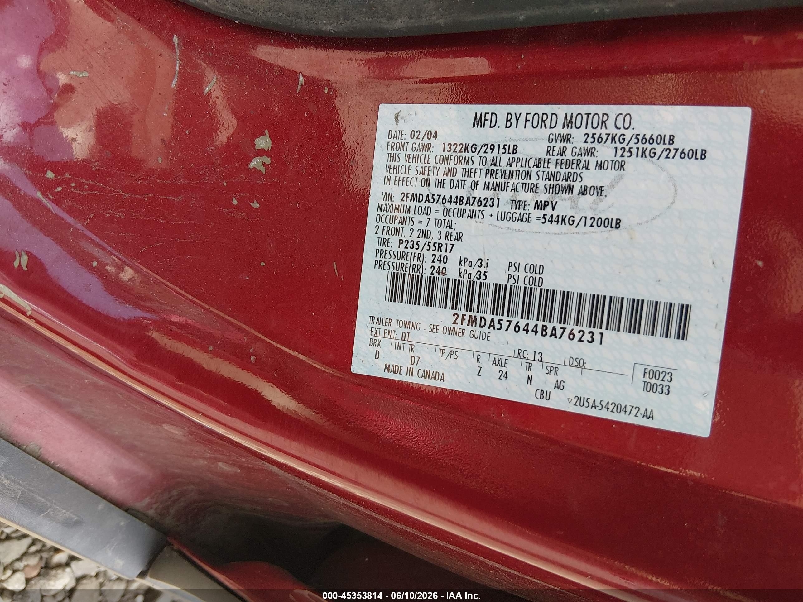 2004 Ford Freestar Ses Red vin: 2FMDA57644BA76231