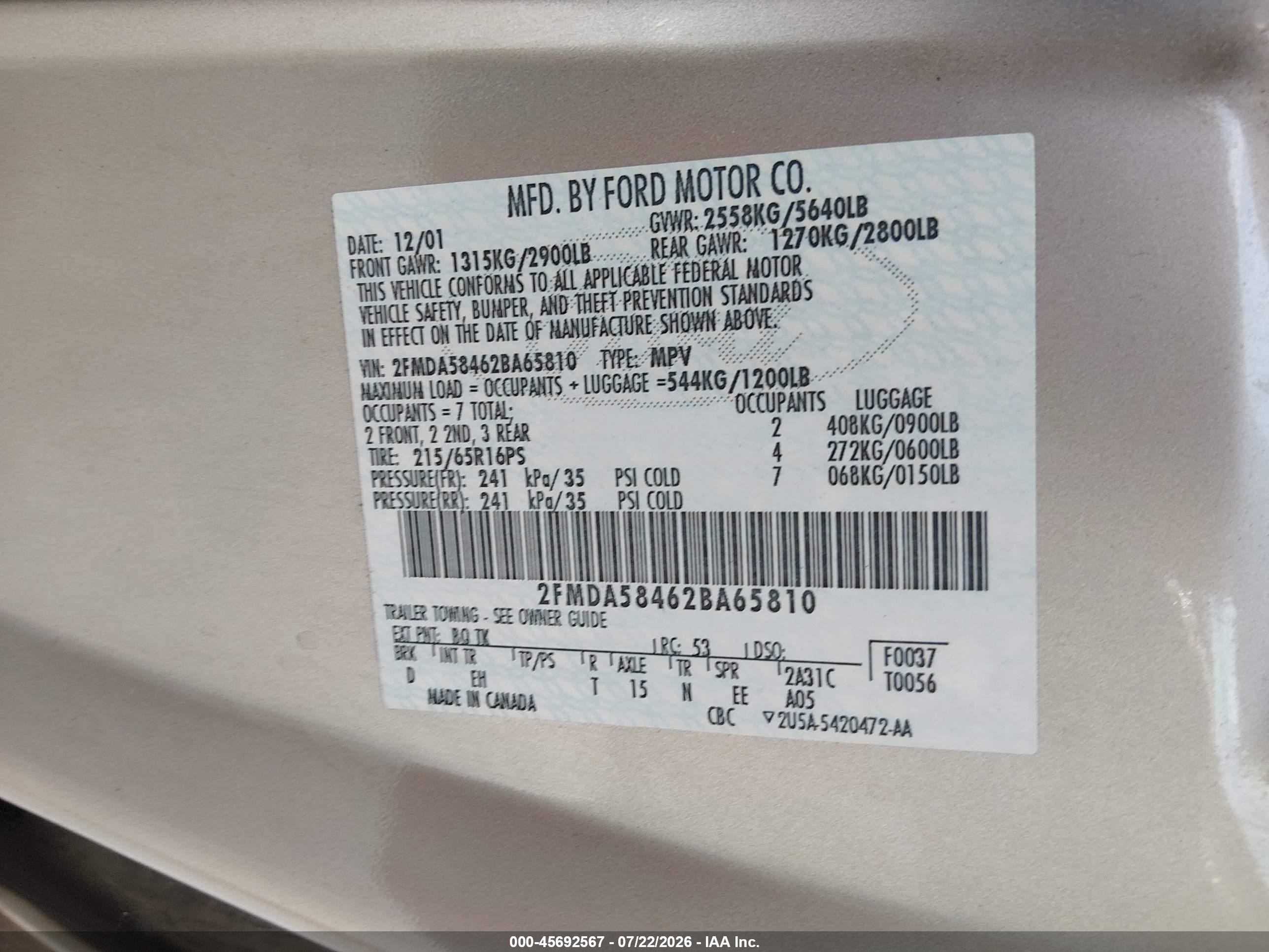 2002 Ford Windstar Limited Gold vin: 2FMDA58462BA65810
