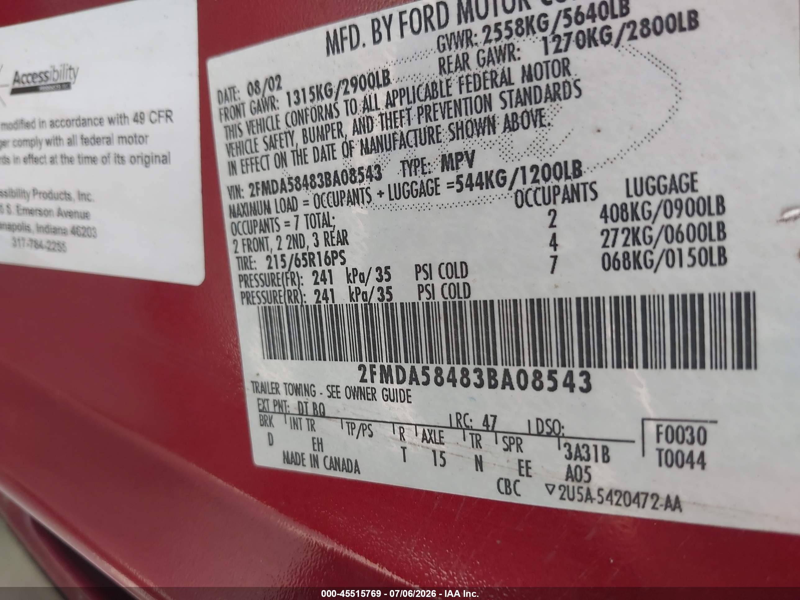 2003 Ford Windstar Limited Red vin: 2FMDA58483BA08543