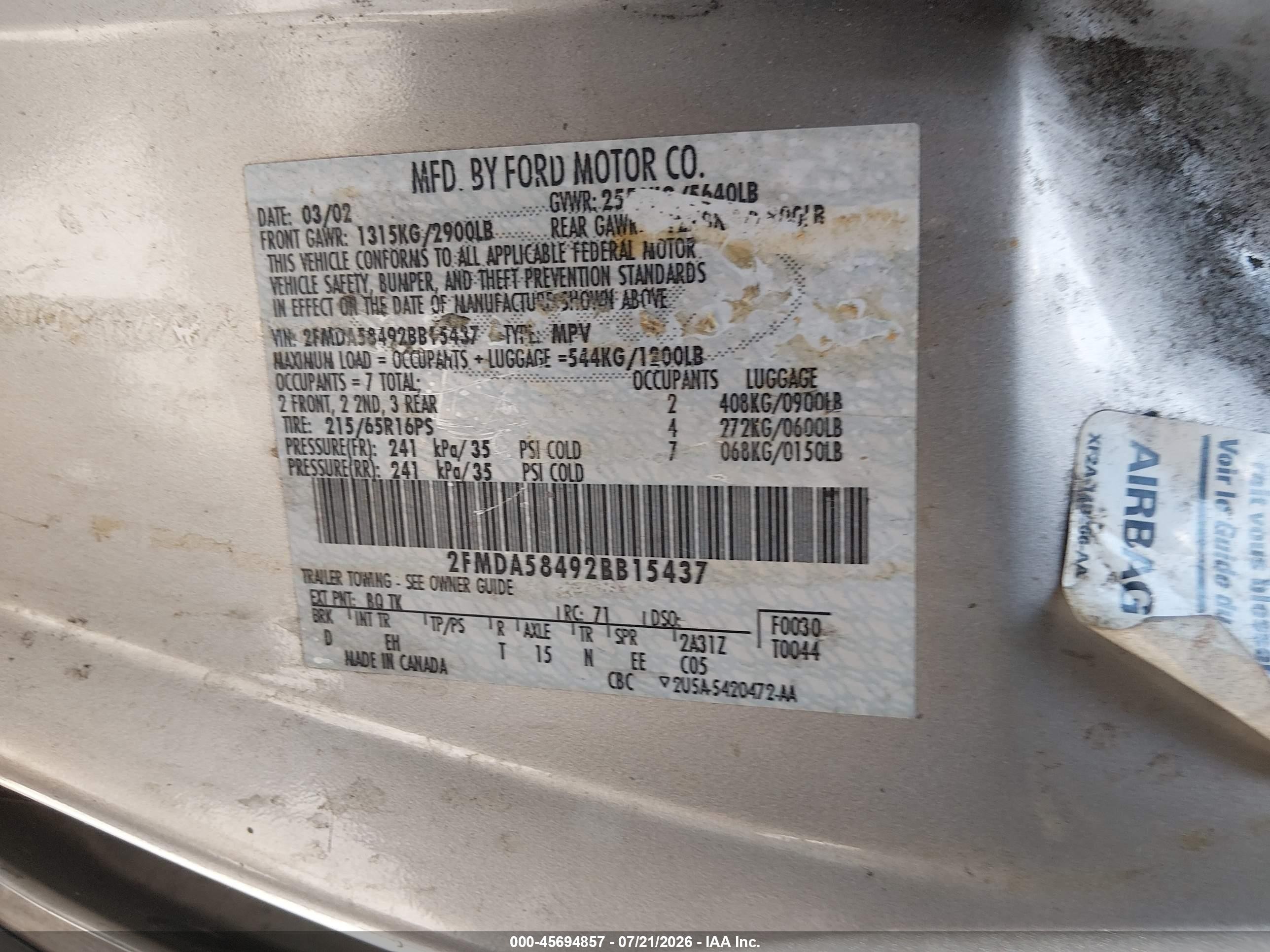 2002 Ford Windstar Limited Gold vin: 2FMDA58492BB15437
