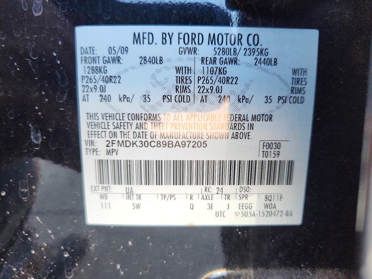 2009 Ford Edge Sport Black vin: 2FMDK30C89BA97205