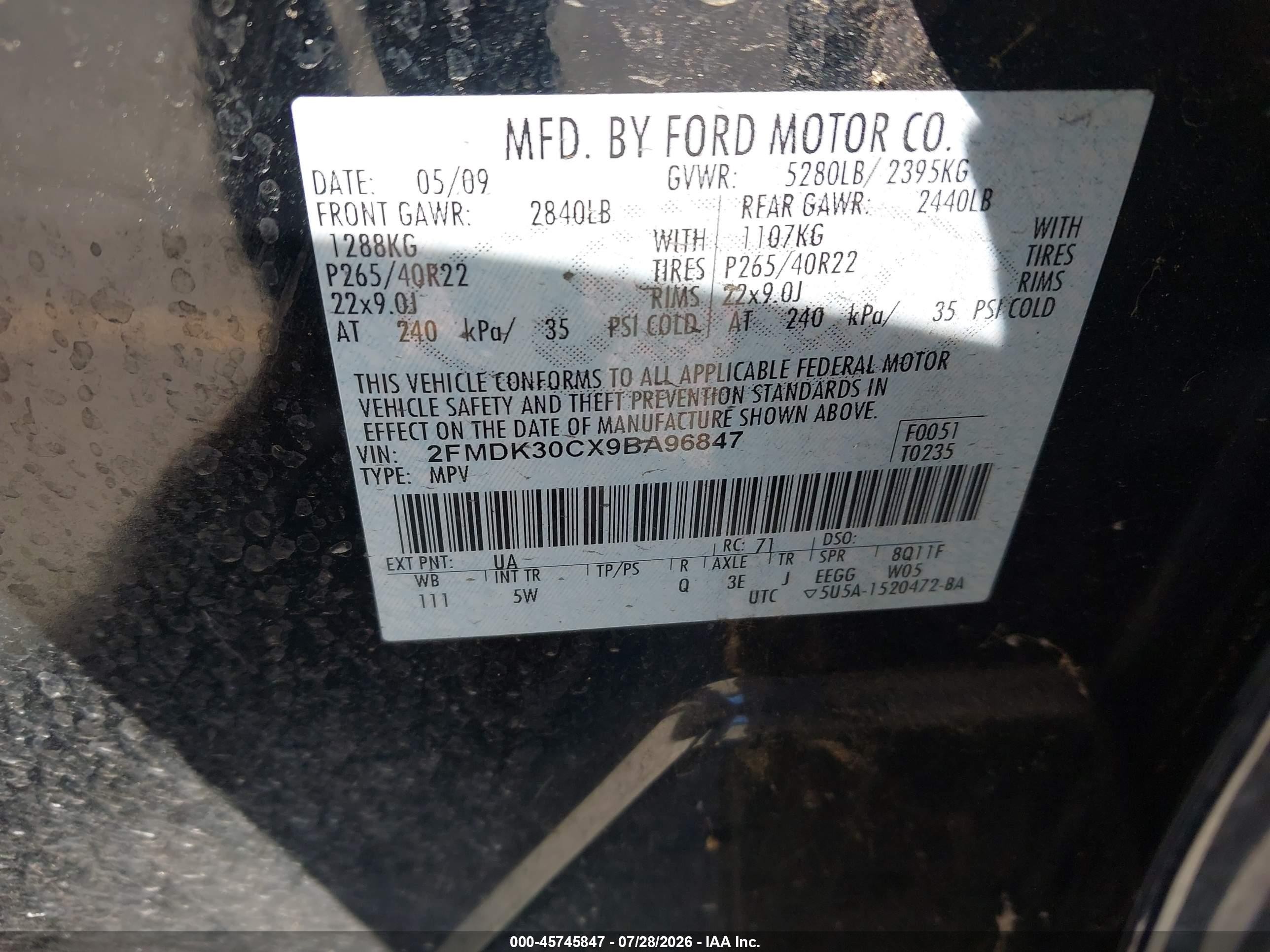 2009 Ford Edge Sport Черный vin: 2FMDK30CX9BA96847