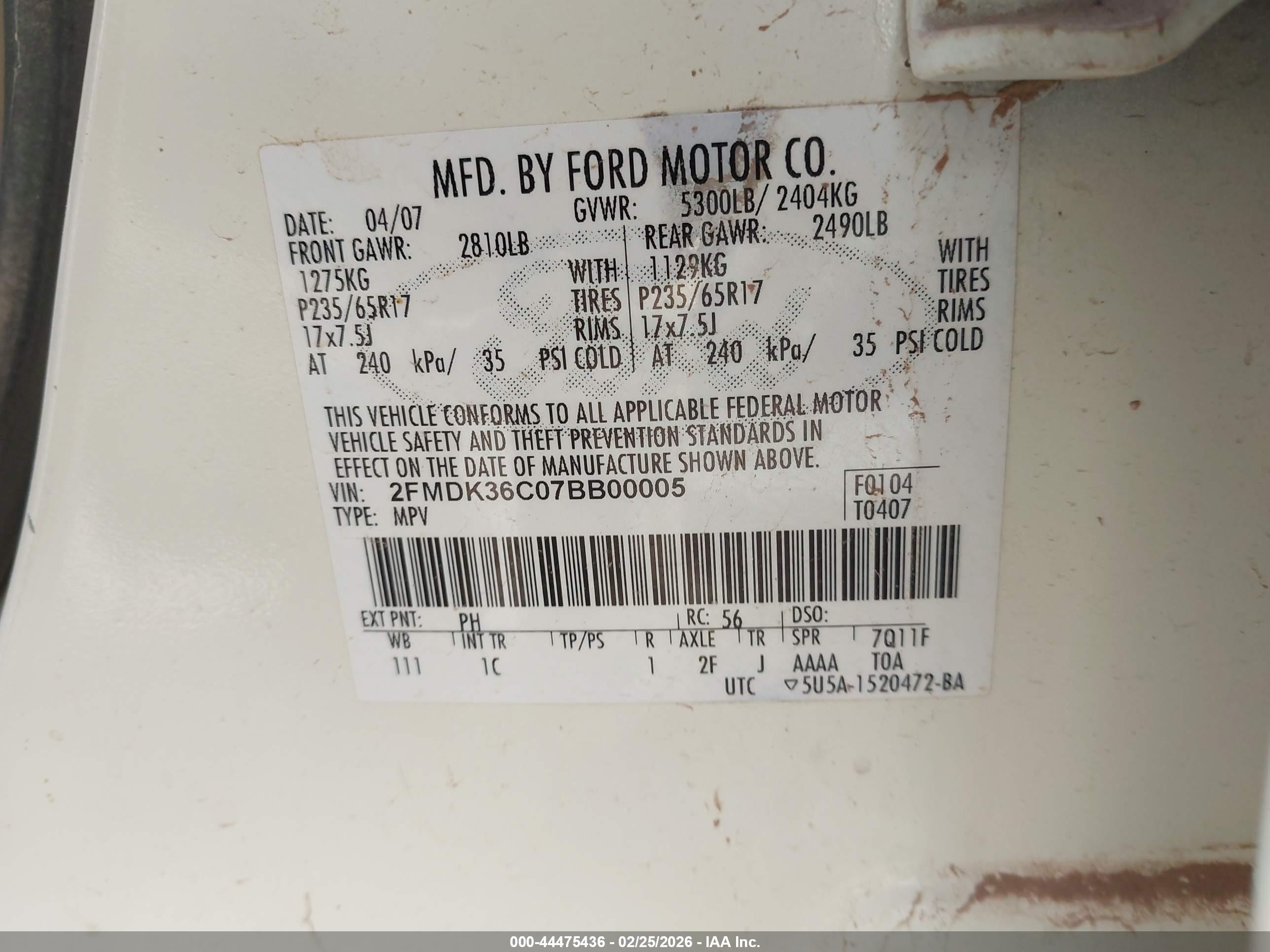 2007 Ford Edge Se White vin: 2FMDK36C07BB00005