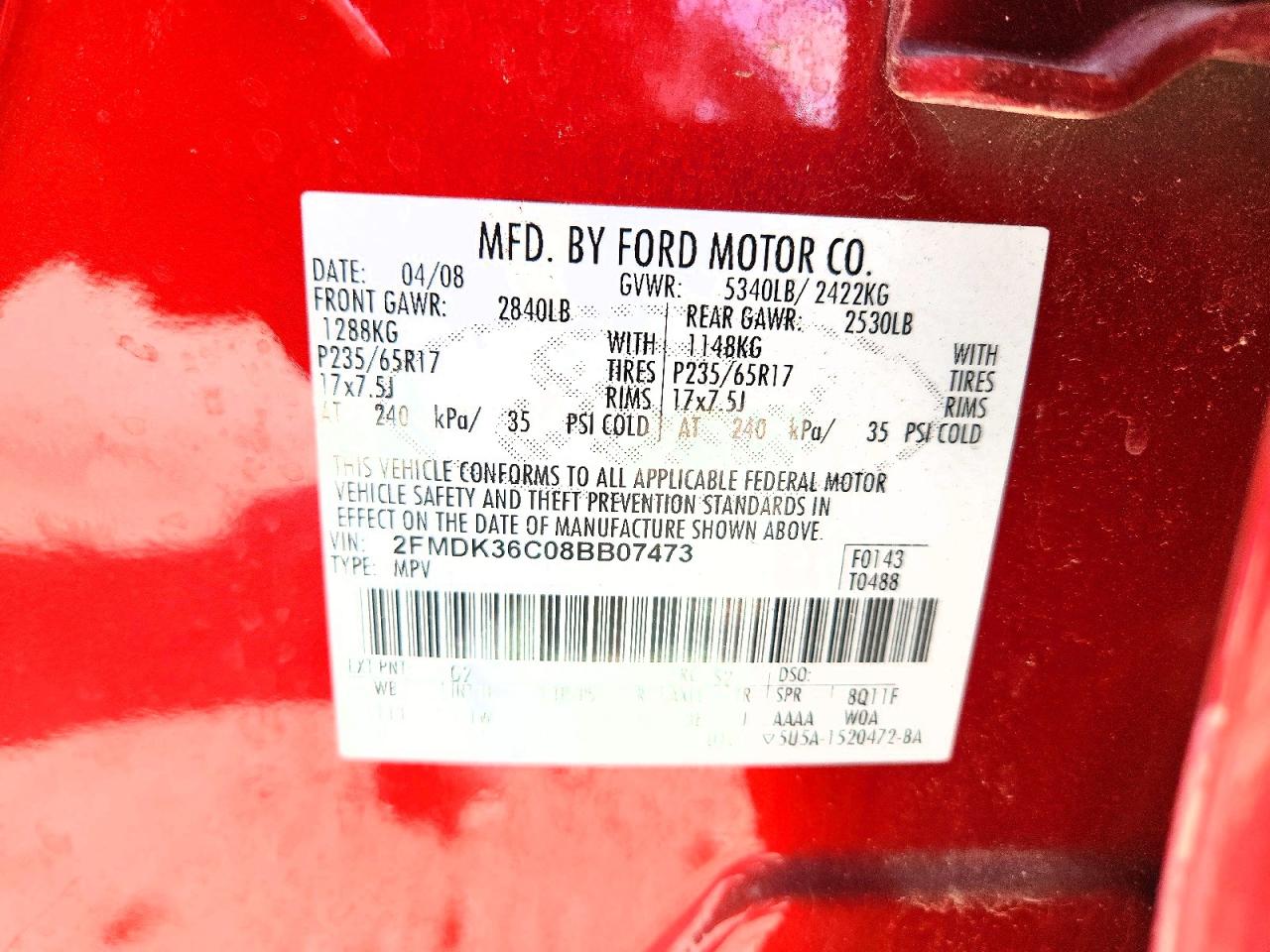 2008 Ford Edge Se Red vin: 2FMDK36C08BB07473