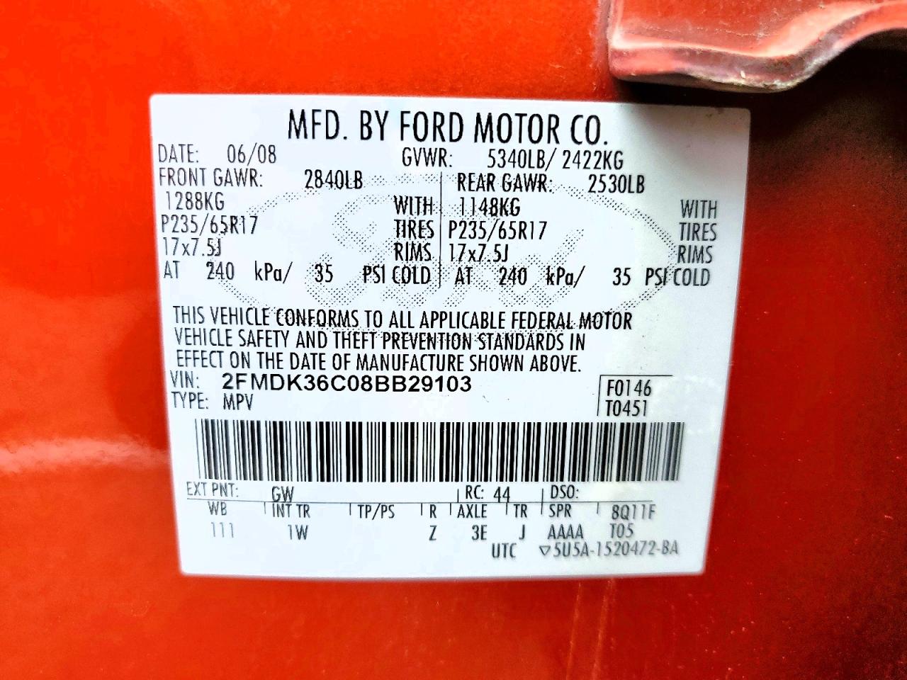 2008 Ford Edge Se Orange vin: 2FMDK36C08BB29103