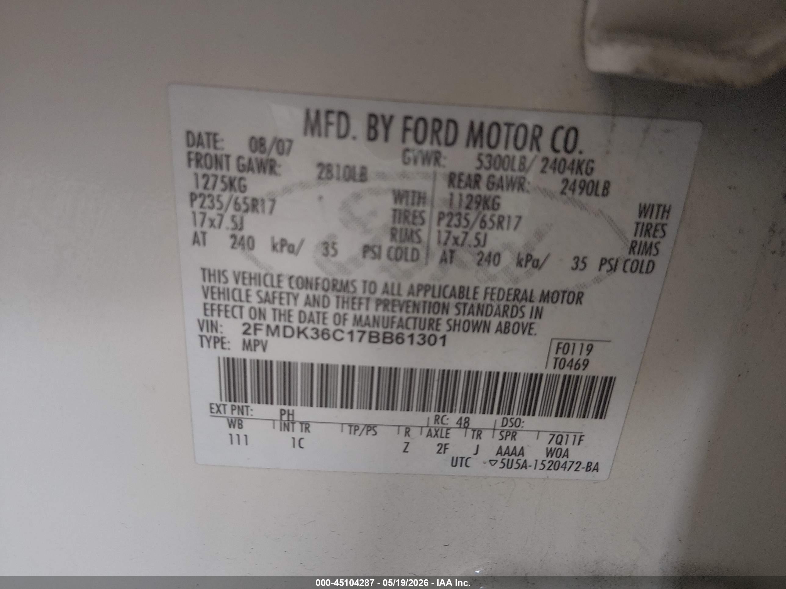 2007 Ford Edge Se Cream vin: 2FMDK36C17BB61301