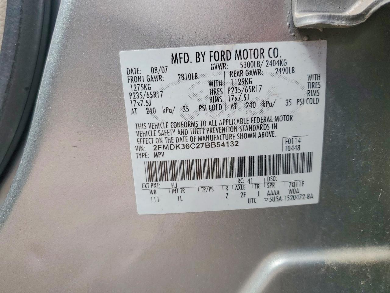 2007 Ford Edge Se Серый vin: 2FMDK36C27BB54132