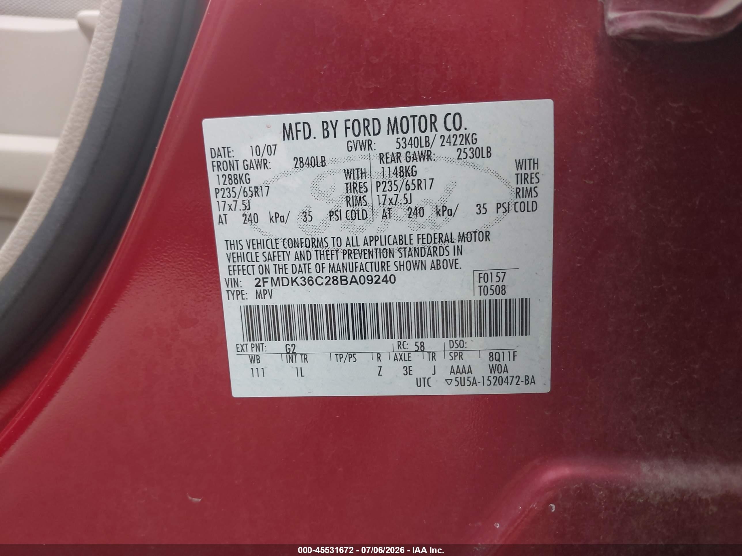 2008 Ford Edge Se Red vin: 2FMDK36C28BA09240