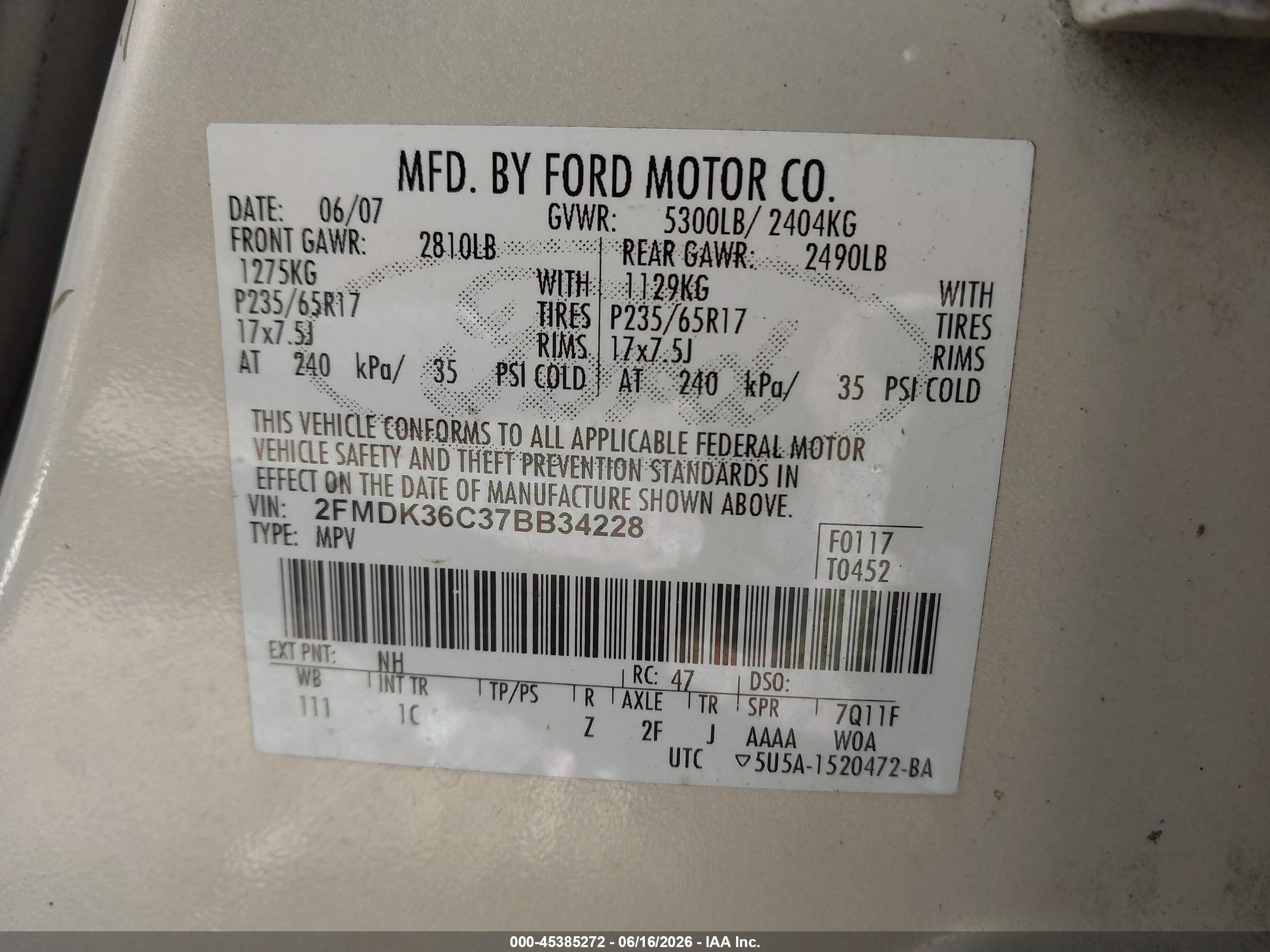 2007 Ford Edge Se White vin: 2FMDK36C37BB34228