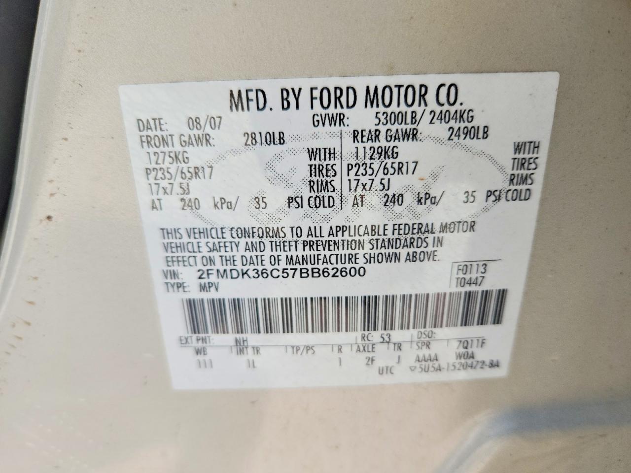 2007 Ford Edge Se Beige vin: 2FMDK36C57BB62600