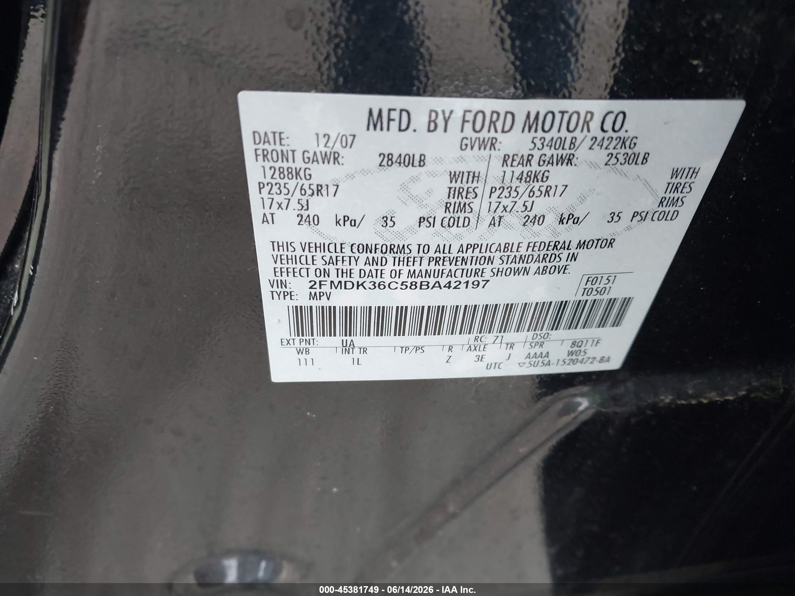 2008 Ford Edge Se Black vin: 2FMDK36C58BA42197