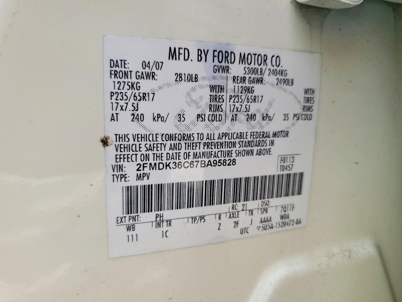 2007 Ford Edge Se Cream vin: 2FMDK36C67BA95828