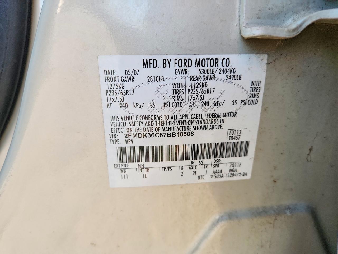 2007 Ford Edge Se Cream vin: 2FMDK36C67BB18508
