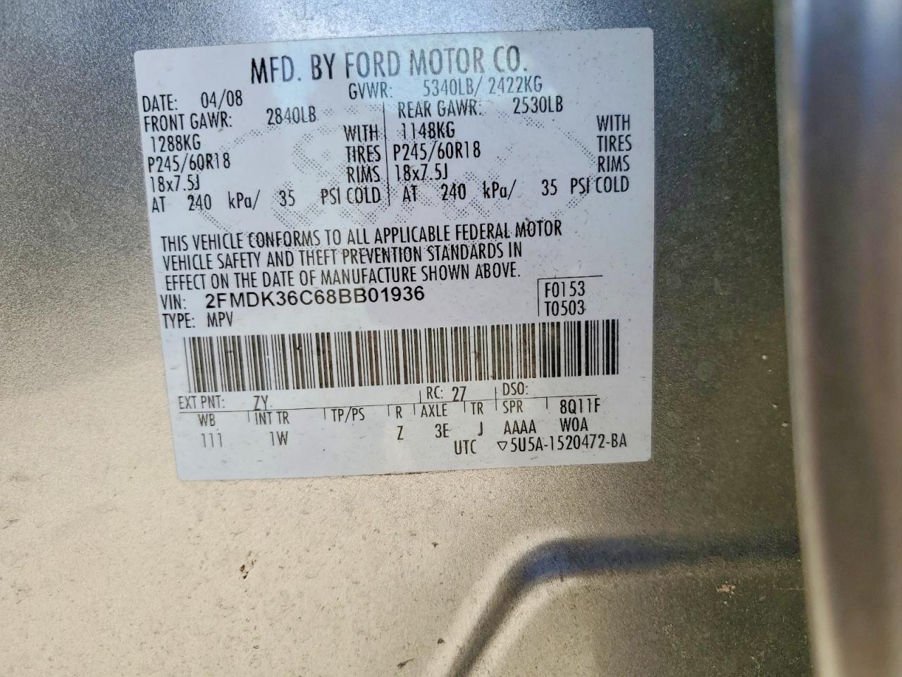 2008 Ford Edge Se Gray vin: 2FMDK36C68BB01936