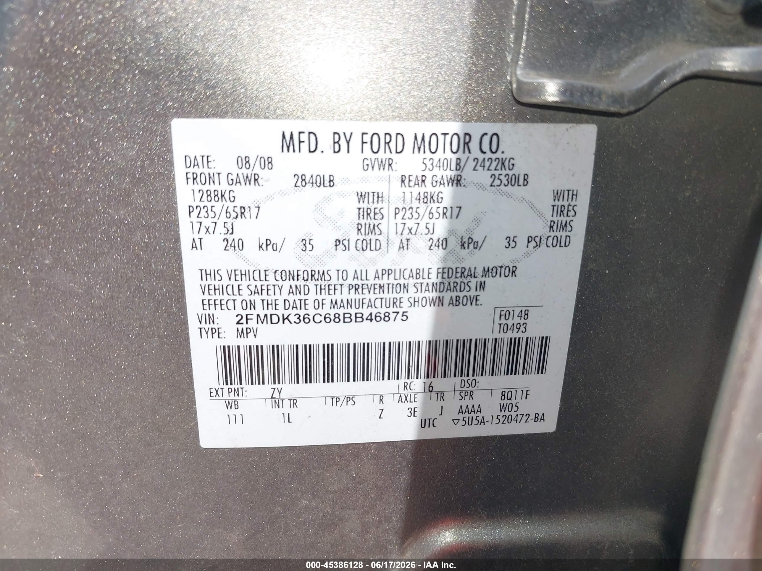 2008 Ford Edge Se Серый vin: 2FMDK36C68BB46875