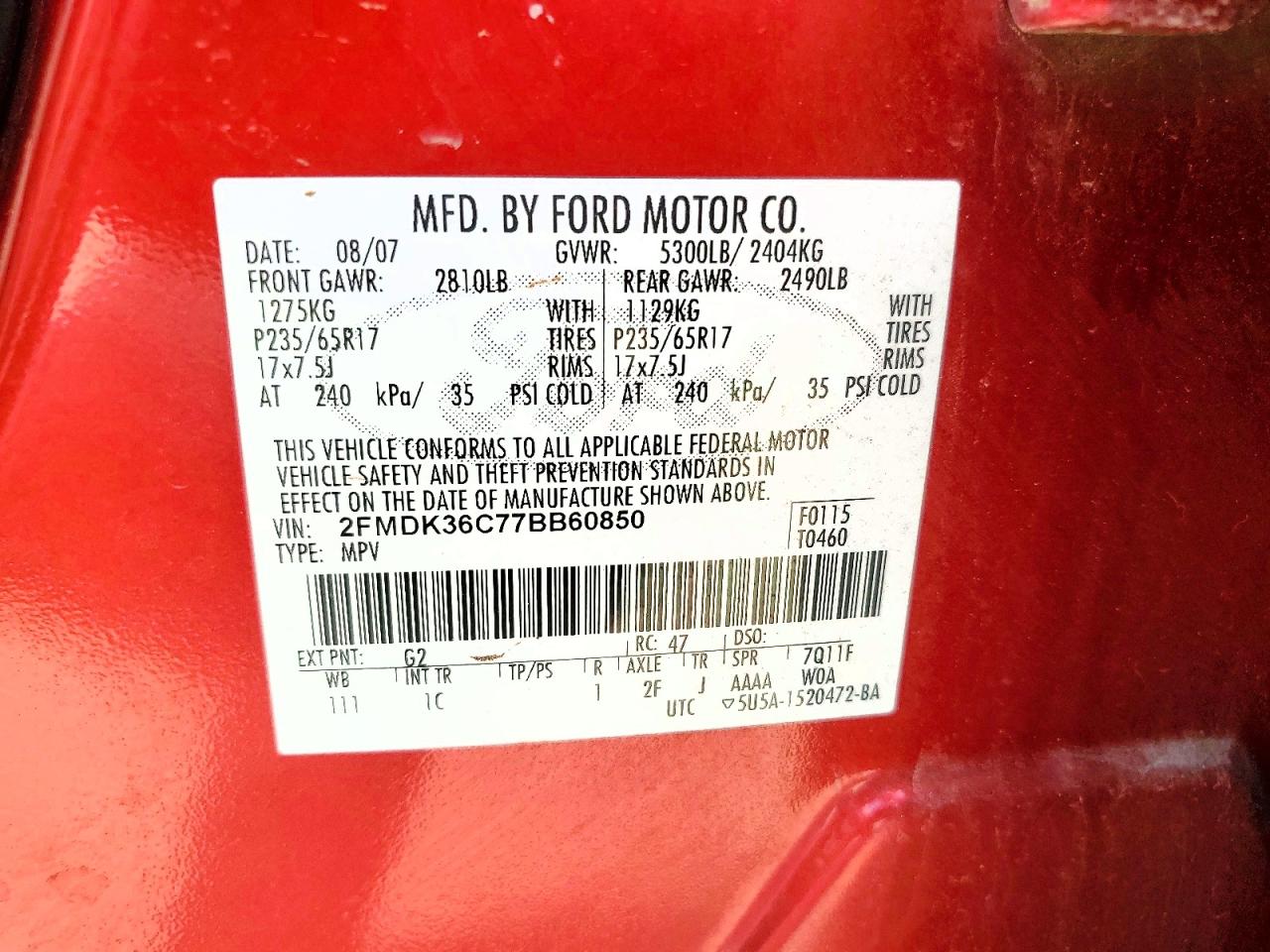 2007 Ford Edge Se Red vin: 2FMDK36C77BB60850