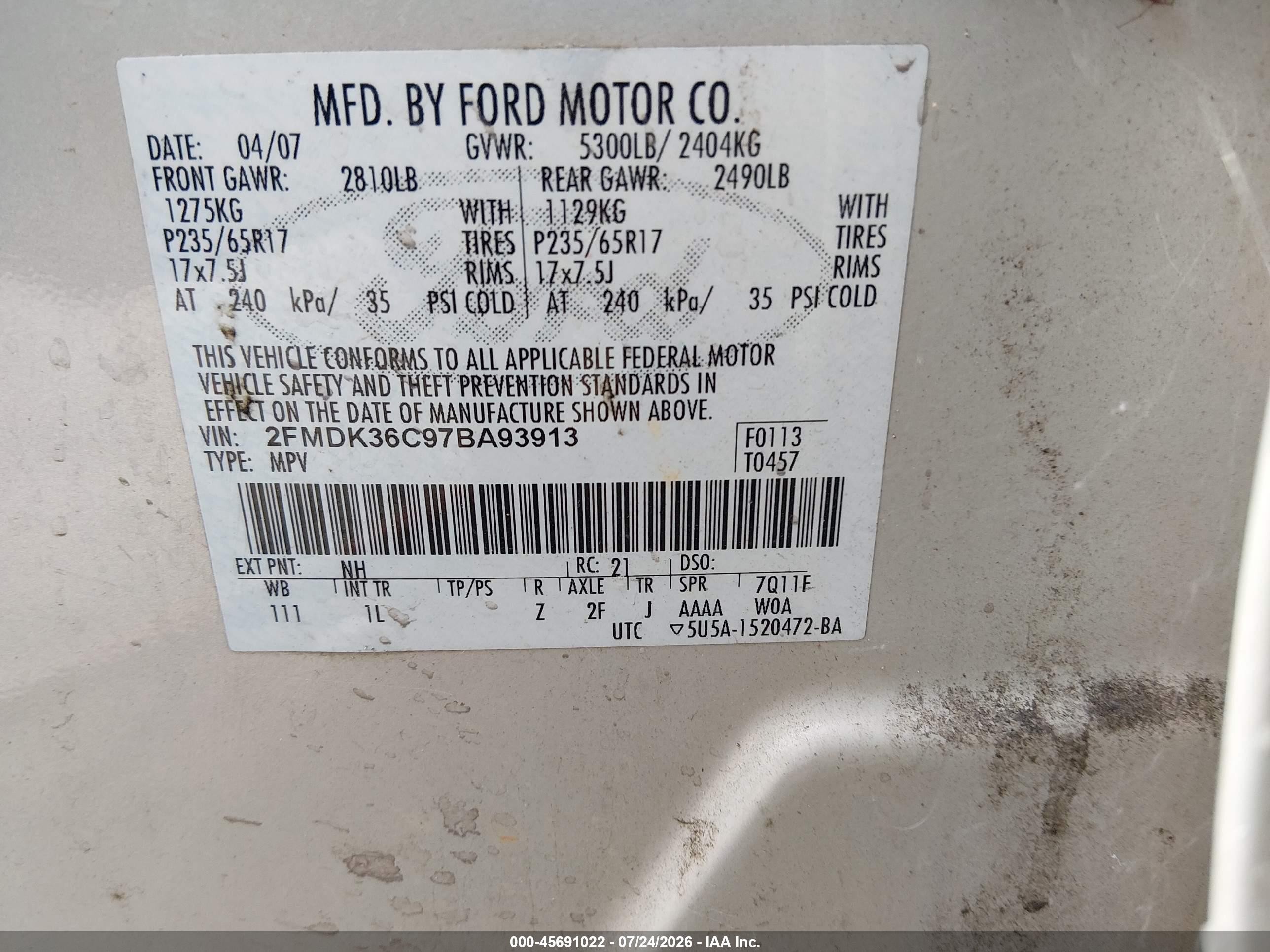 2007 Ford Edge Se White vin: 2FMDK36C97BA93913