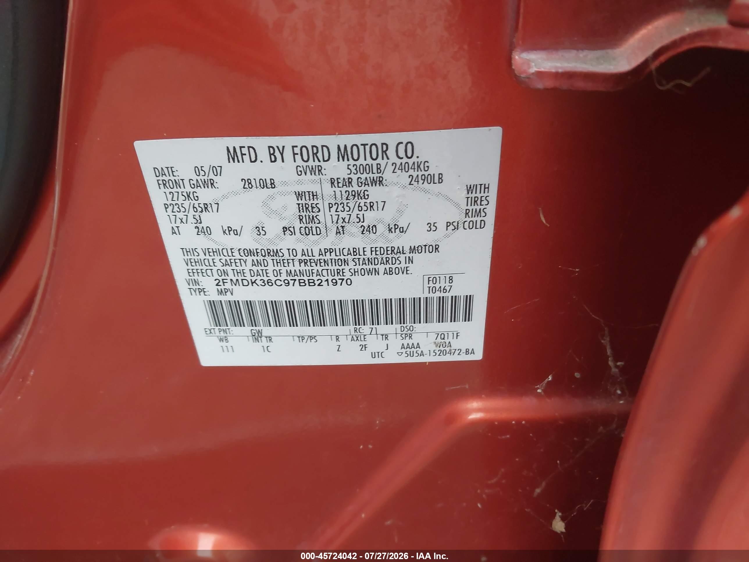 2007 Ford Edge Se Orange vin: 2FMDK36C97BB21970