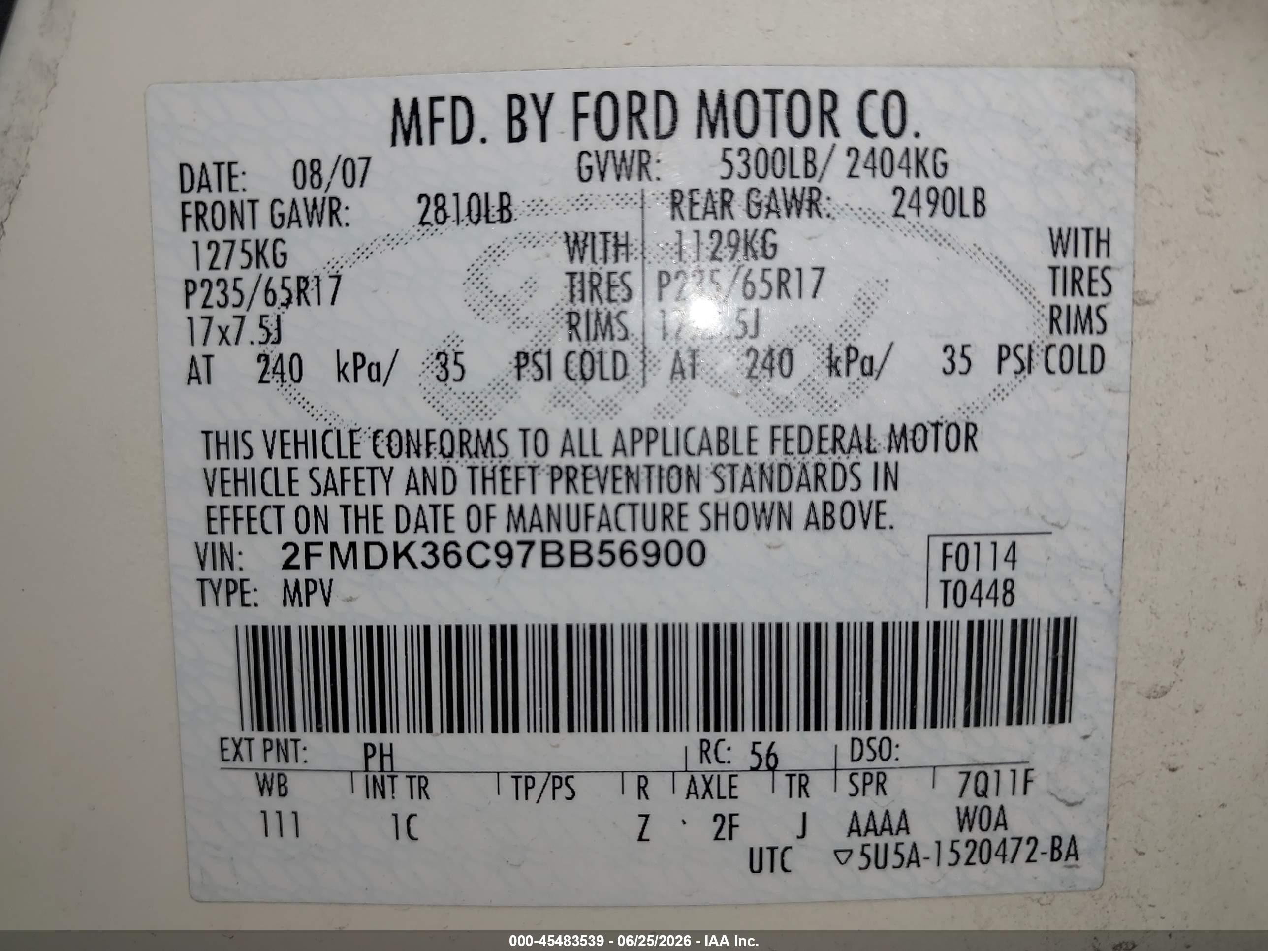 2007 Ford Edge Se Cream vin: 2FMDK36C97BB56900