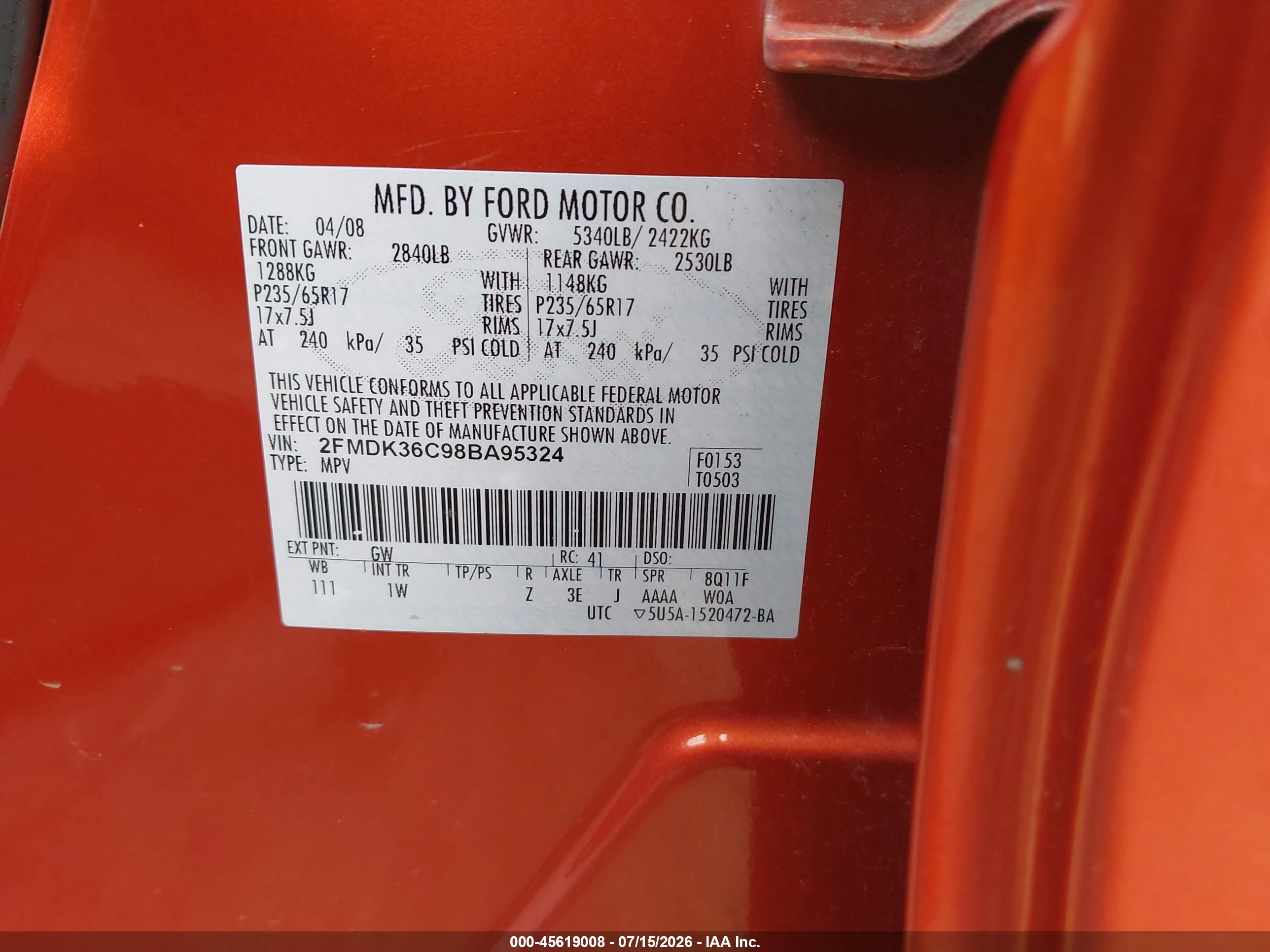 2008 Ford Edge Se Orange vin: 2FMDK36C98BA95324