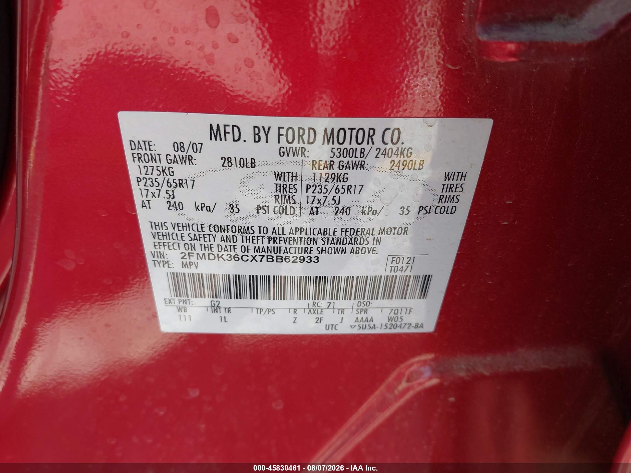 2007 Ford Edge Se Red vin: 2FMDK36CX7BB62933