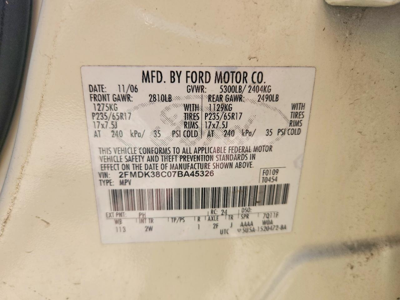 2007 Ford Edge Sel White vin: 2FMDK38C07BA45326