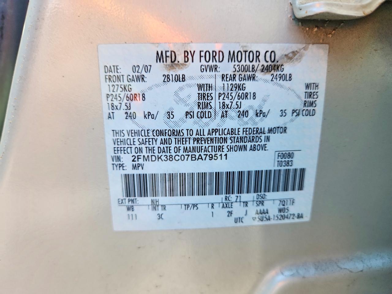 2007 Ford Edge Cream vin: 2FMDK38C07BA79511