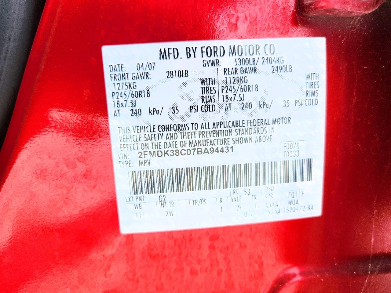 2007 Ford Edge Sel Red vin: 2FMDK38C07BA94431