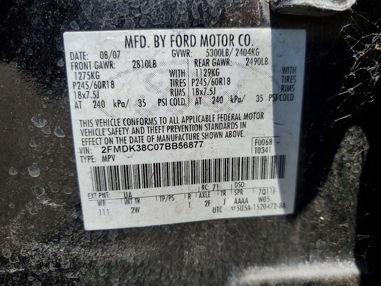 2007 Ford Edge Sel Black vin: 2FMDK38C07BB56877
