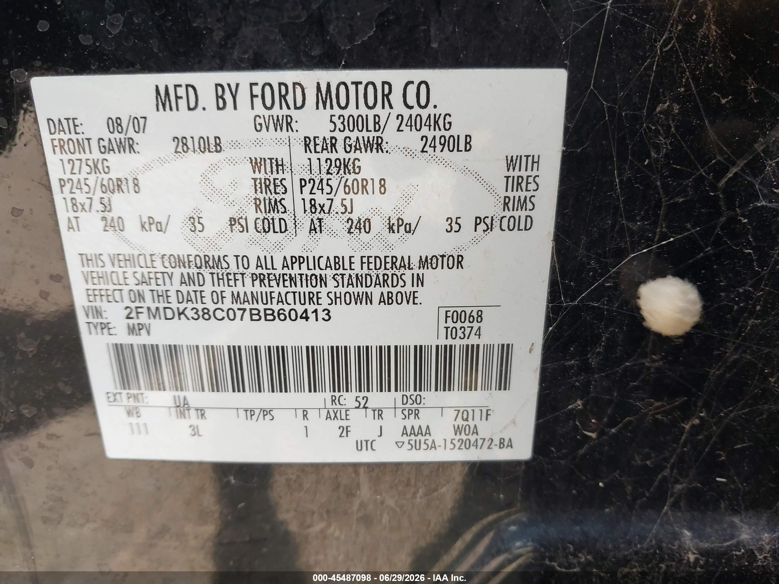 2007 Ford Edge Sel Black vin: 2FMDK38C07BB60413